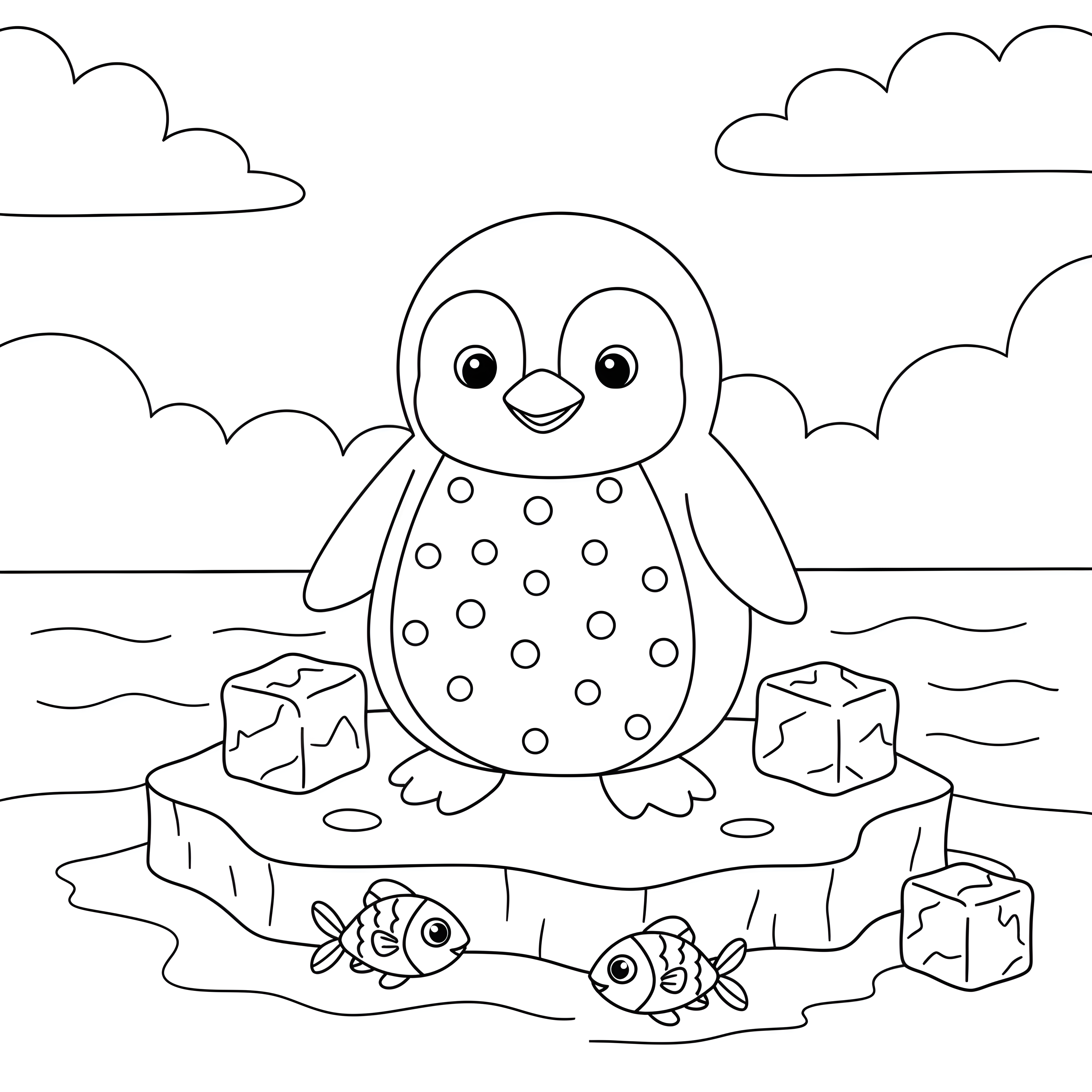 Pinguin auf Eis mit Fischen zum Ausmalen