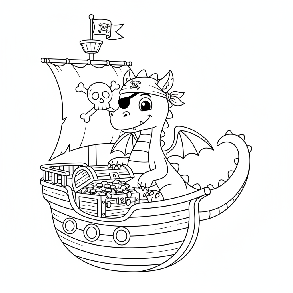 Piraten-Drache im Schatzschiff Ausmalbild