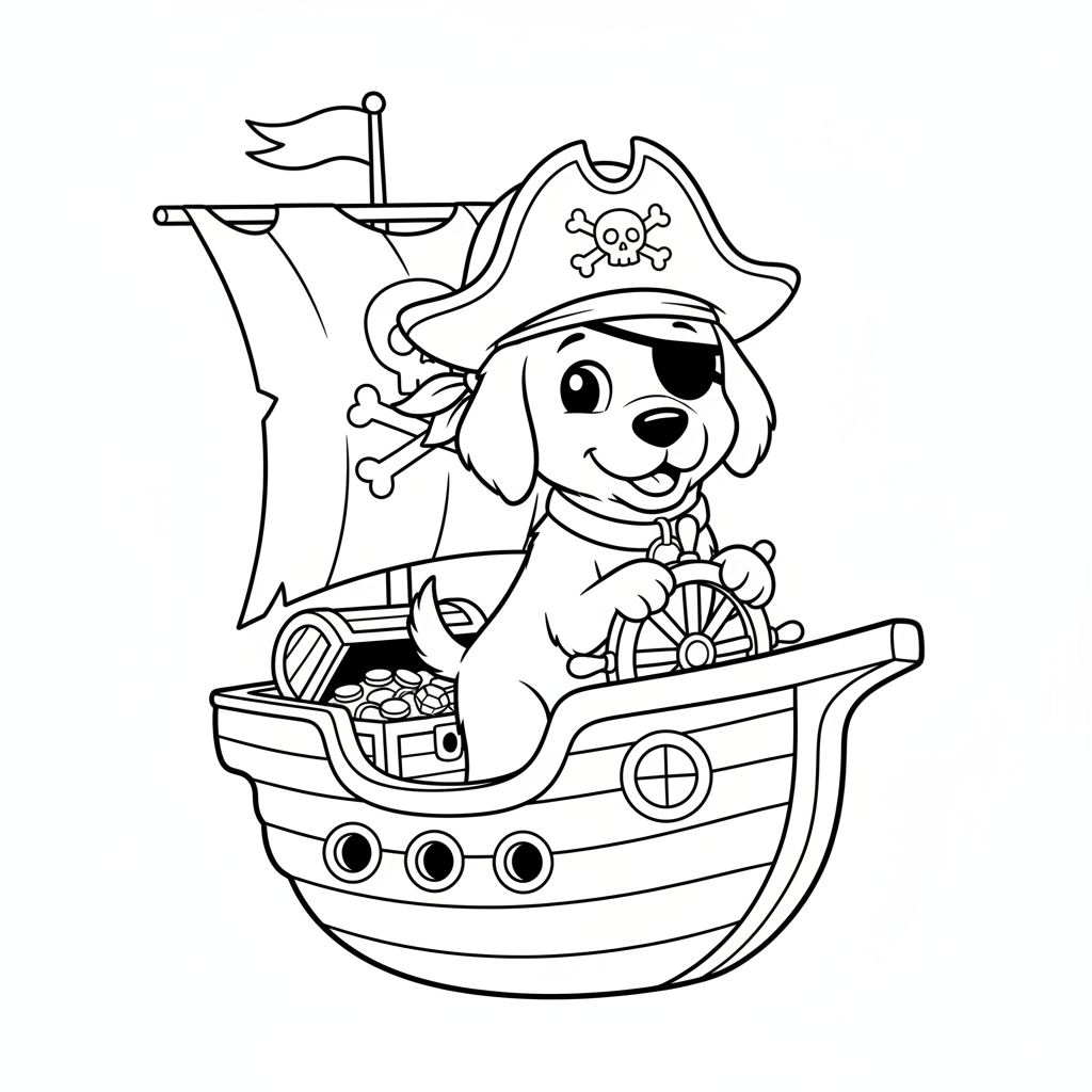 Piratenhund auf dem Schatzschiff - Ausmalbild
