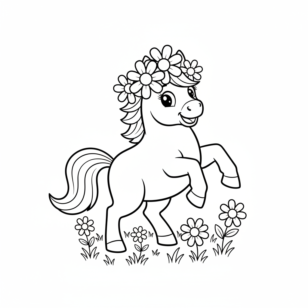 Ausmalbild Pony mit Blumenkrone