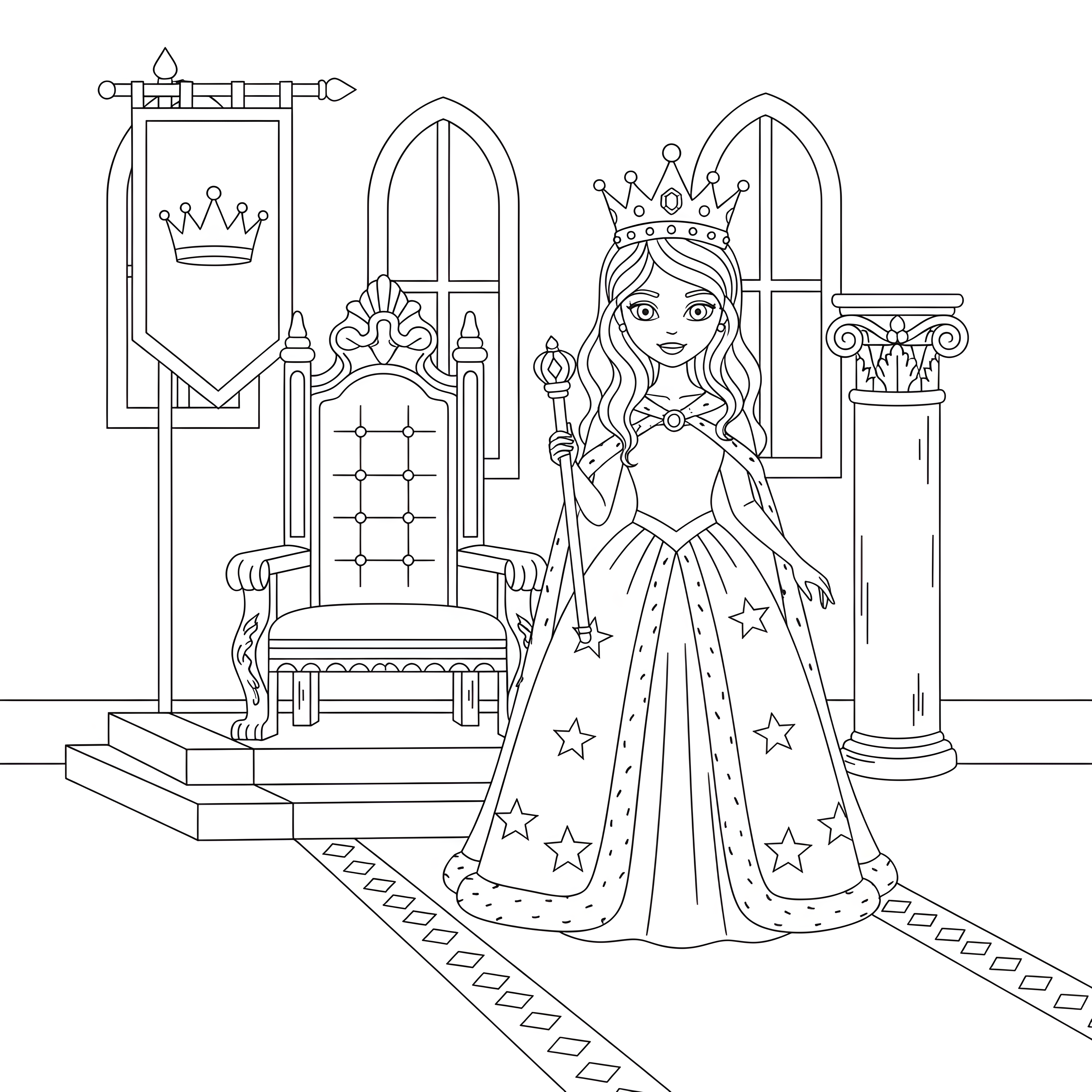 Prinzessin im Thronsaal mit Krone und Zepter
