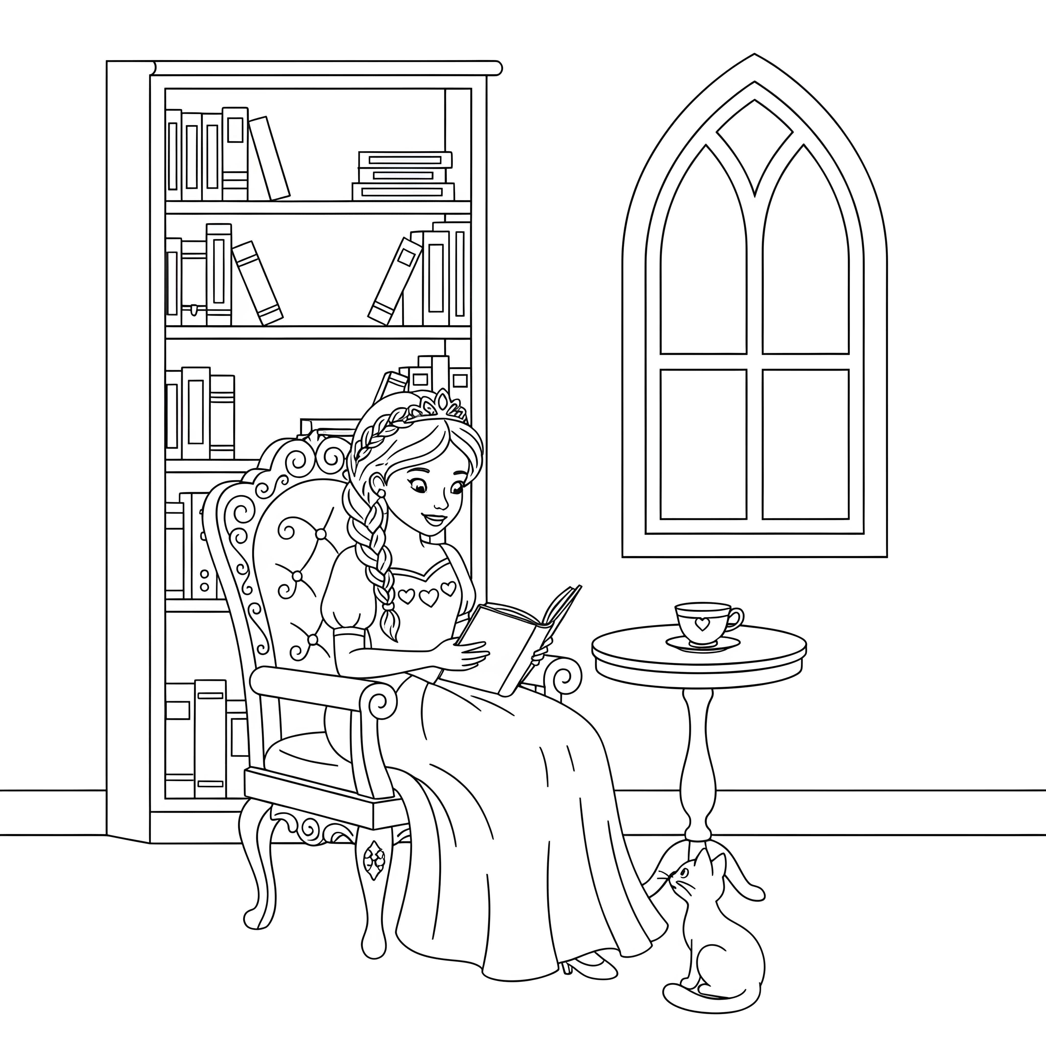 Prinzessin liest in der Schlossbibliothek zum Ausmalen