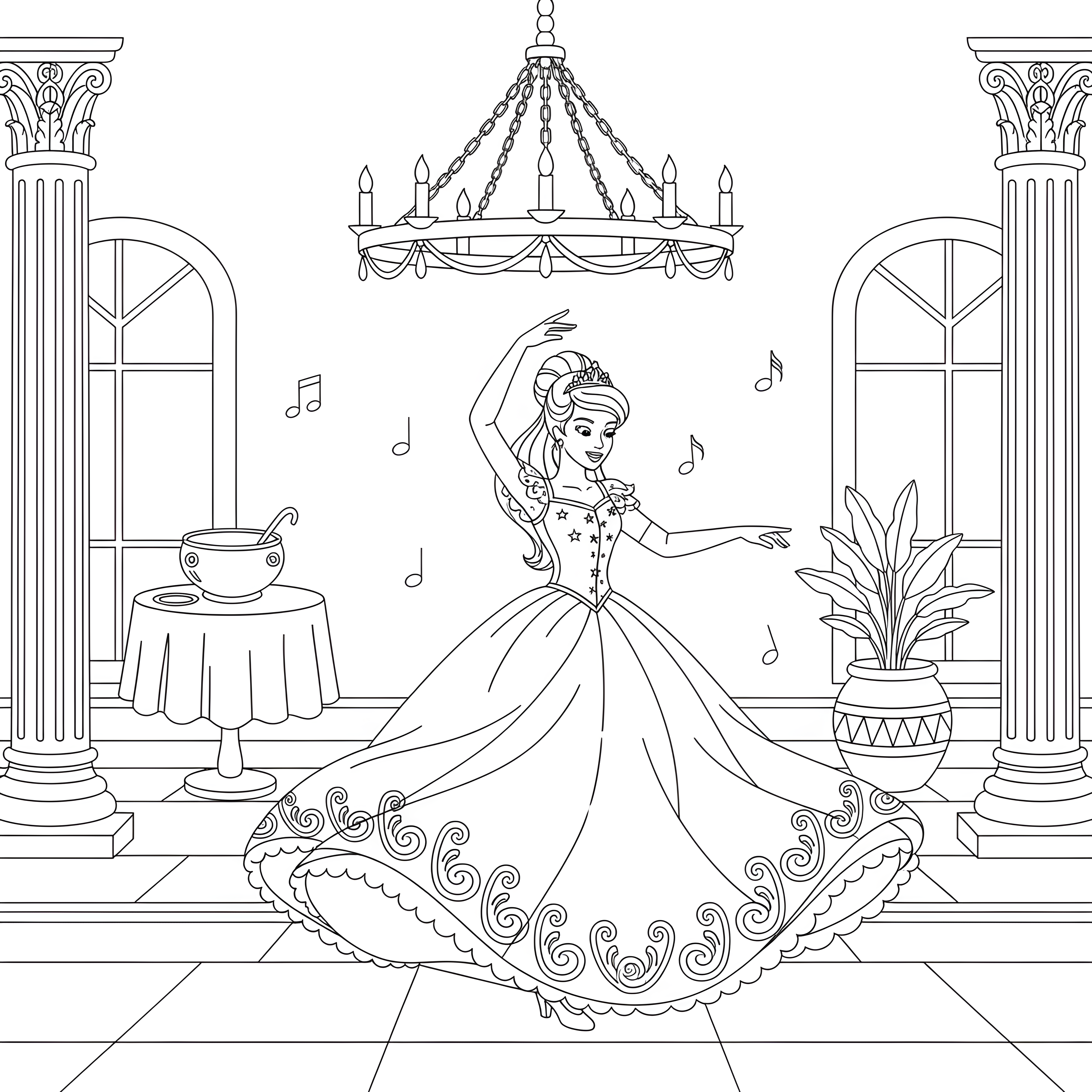 Prinzessin tanzt beim königlichen Ball zum Ausmalen