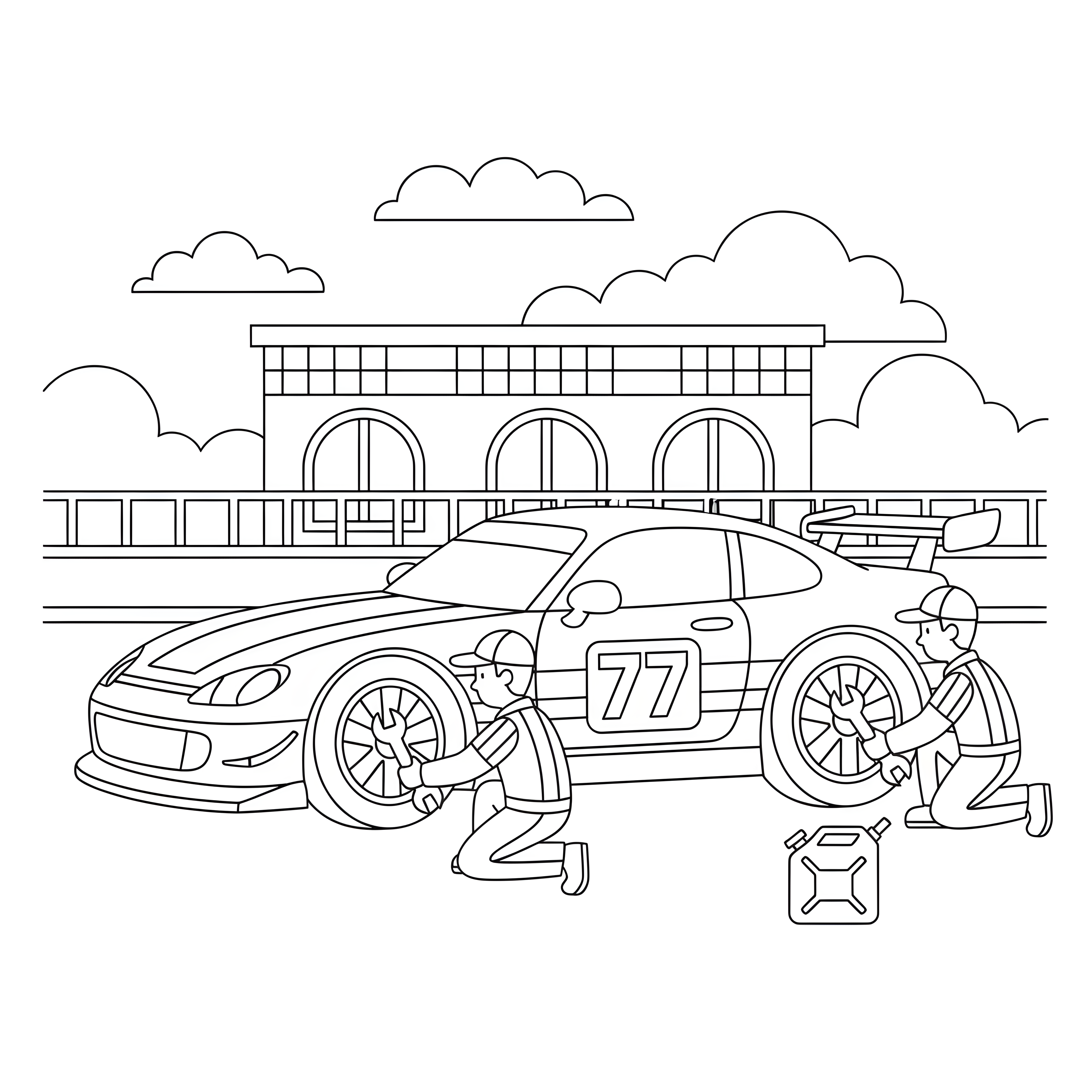 Rennauto im Boxenstopp mit Mechanikern zum Ausmalen