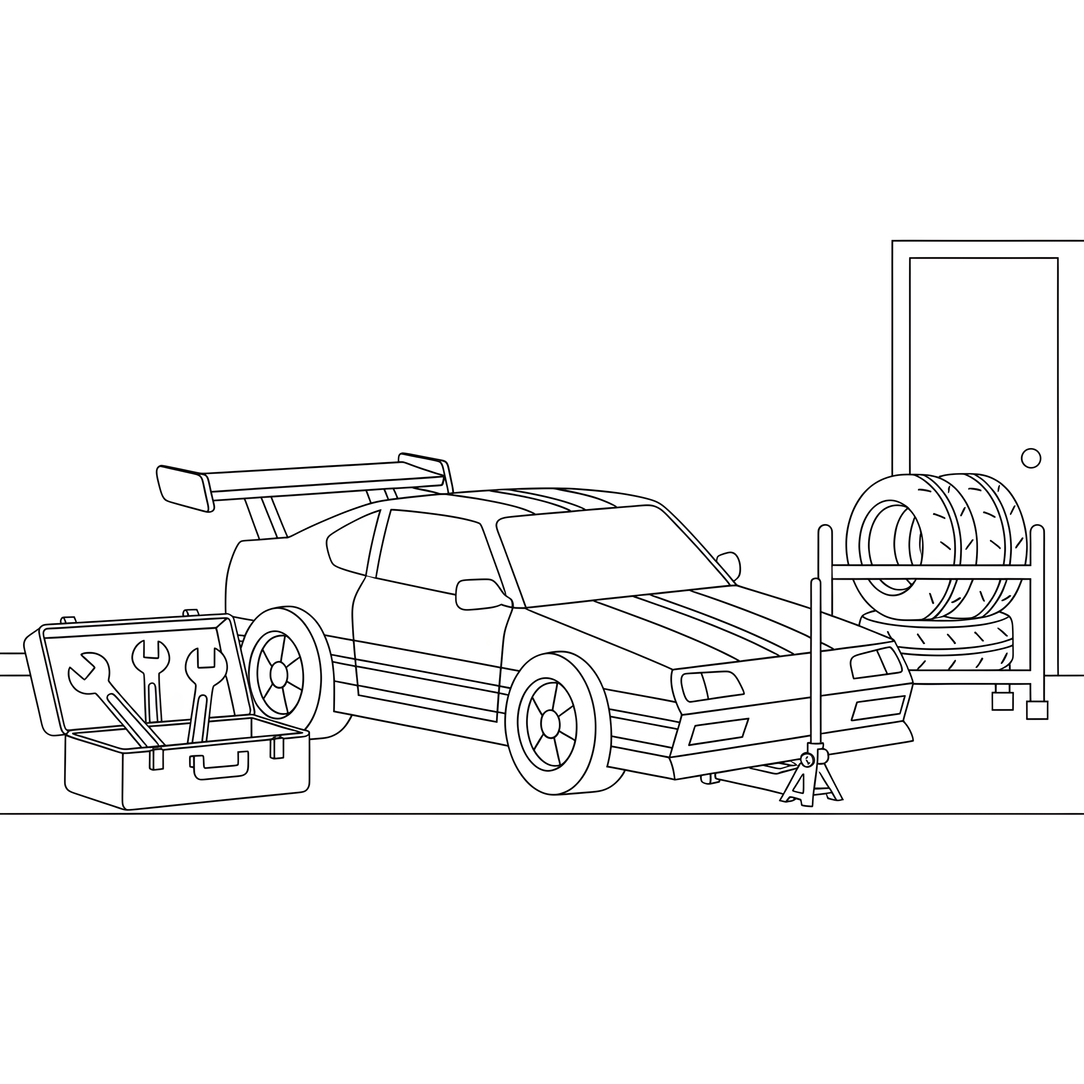 Rennauto in der Werkstatt mit Werkzeugen zum Ausmalen