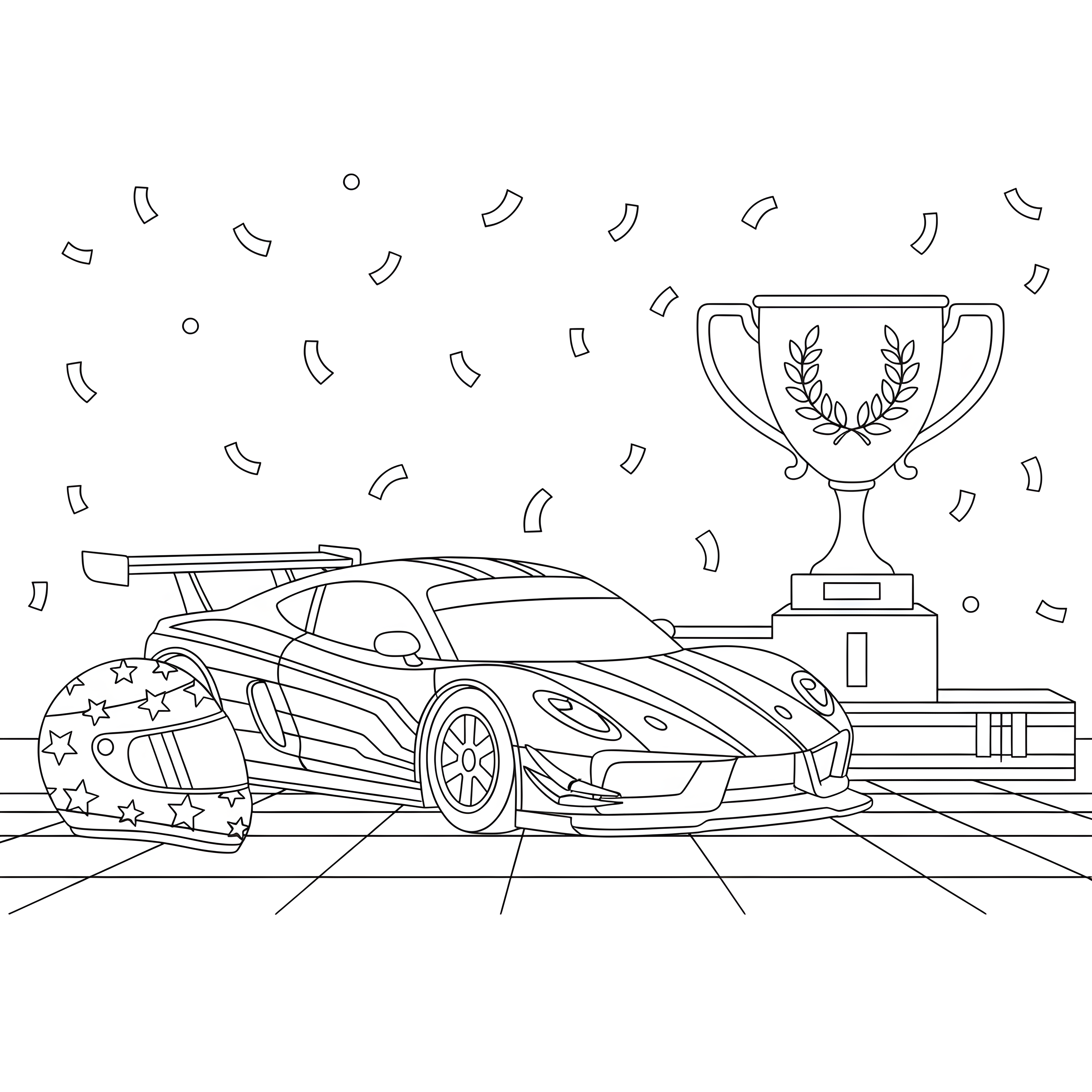 Rennauto mit Siegerpokal und Rennhelm zum Ausmalen