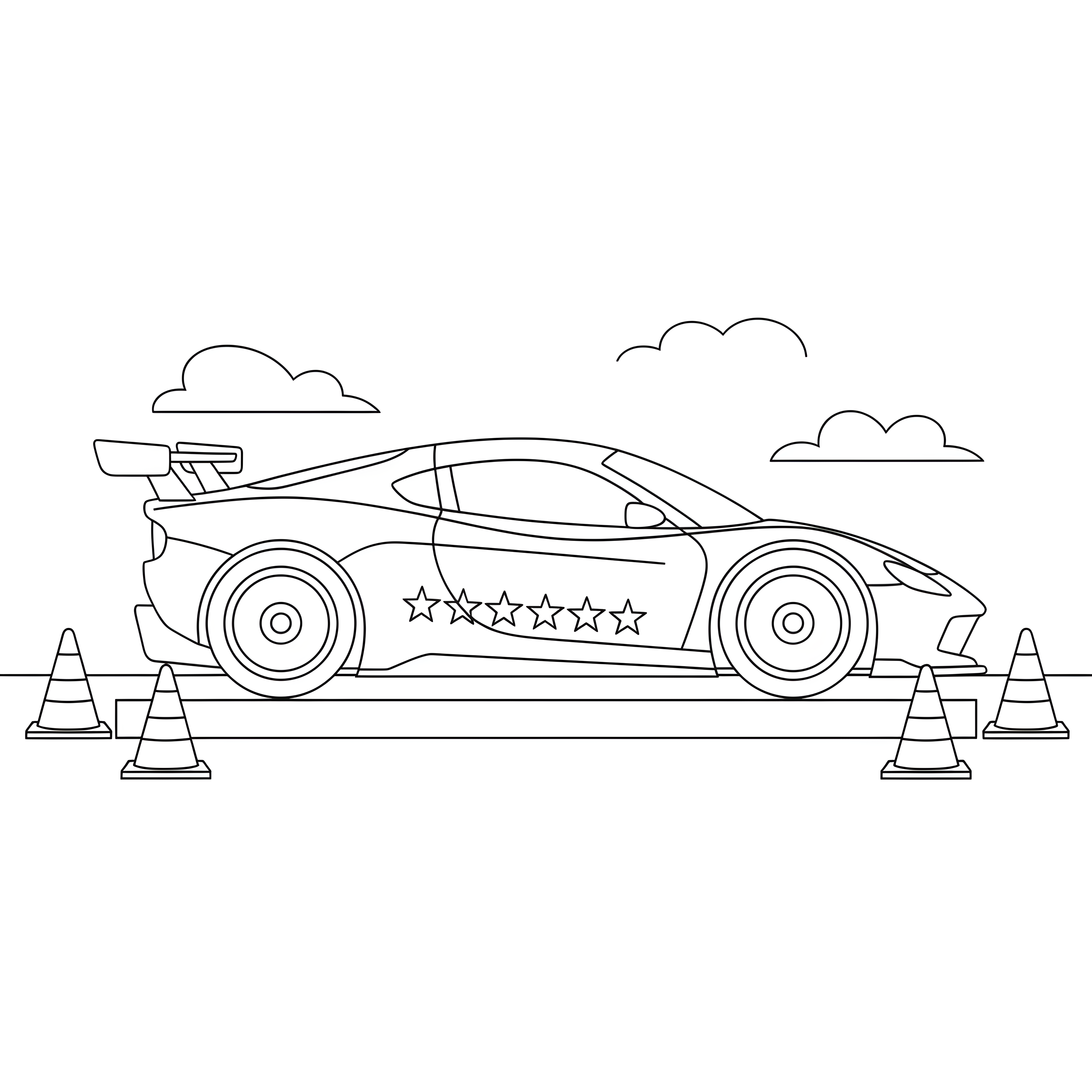 Rennauto auf Ausstellungsplattform mit Pylonen zum Ausmalen