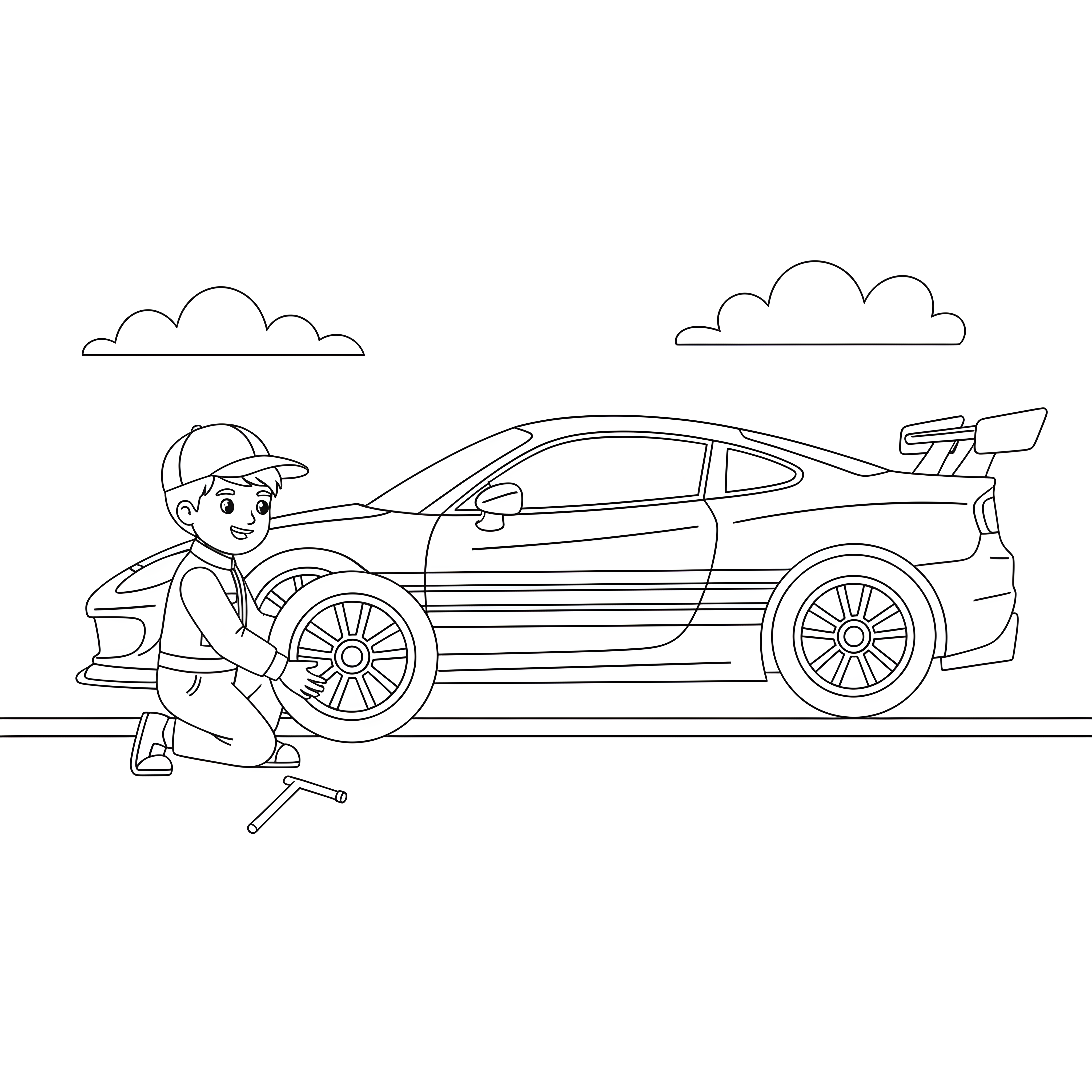 Rennauto mit Reifenwechsel in der Box zum Ausmalen