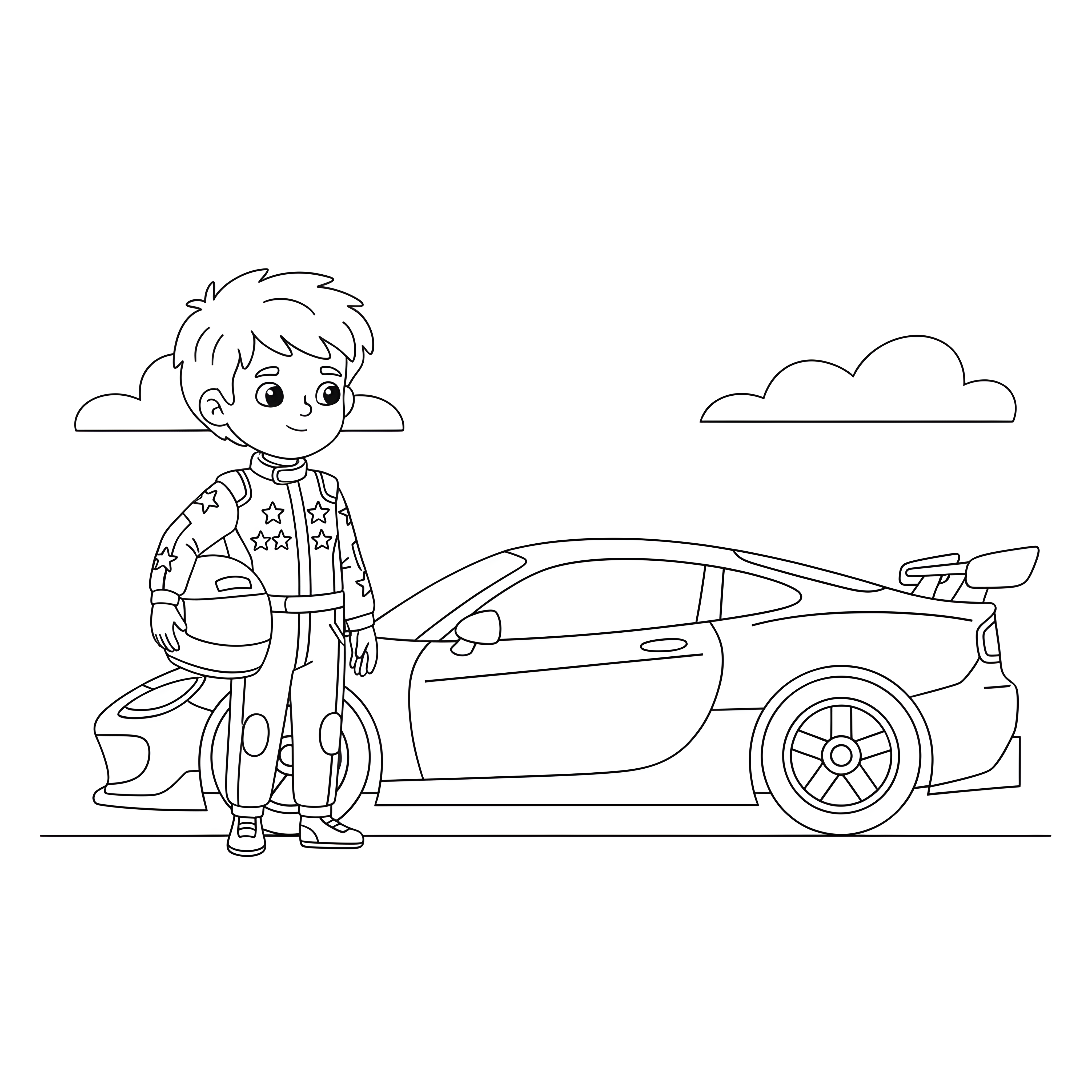 Rennfahrer mit Rennwagen und Helm zum Ausmalen