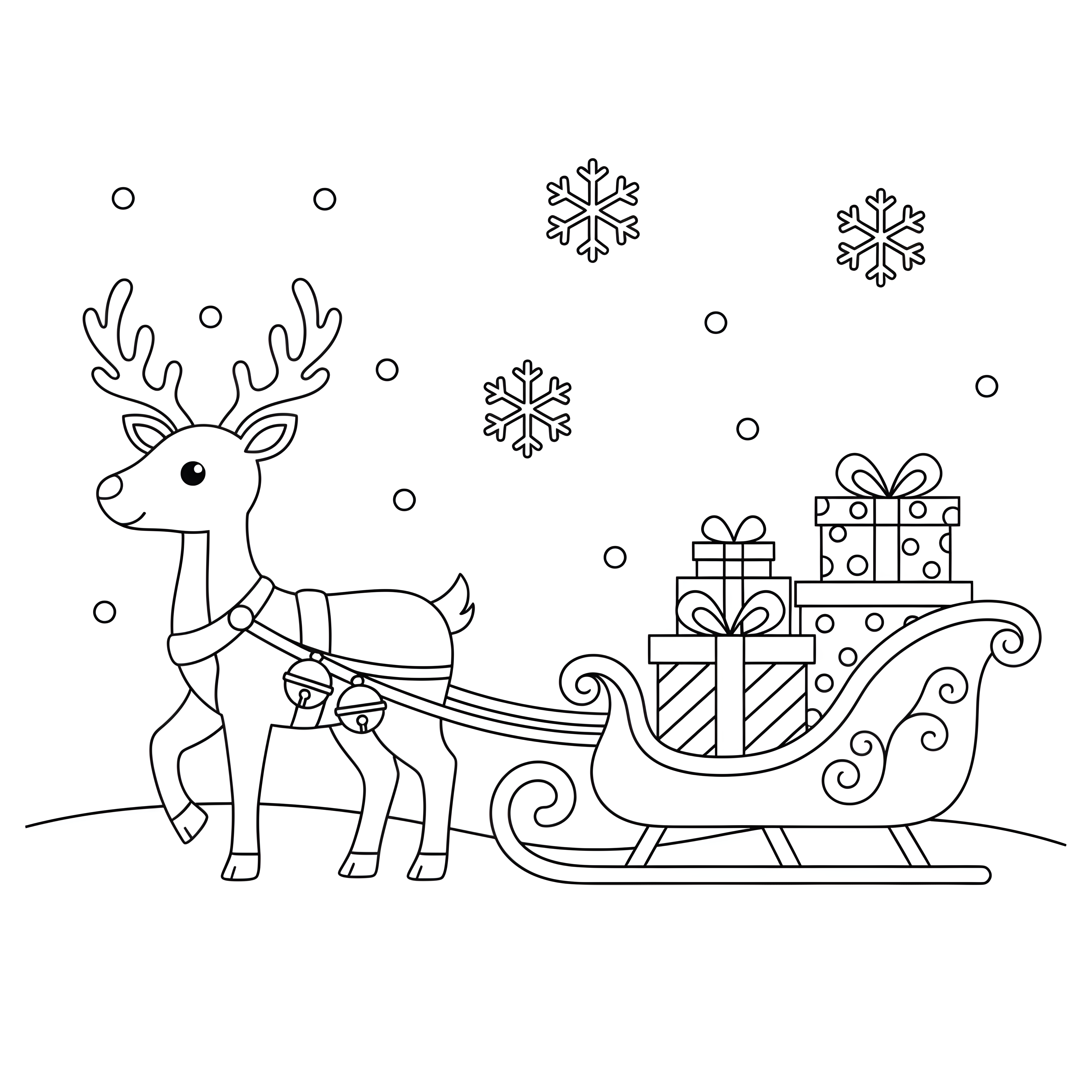 Rentier mit Schlitten voller Geschenke zum Ausmalen
