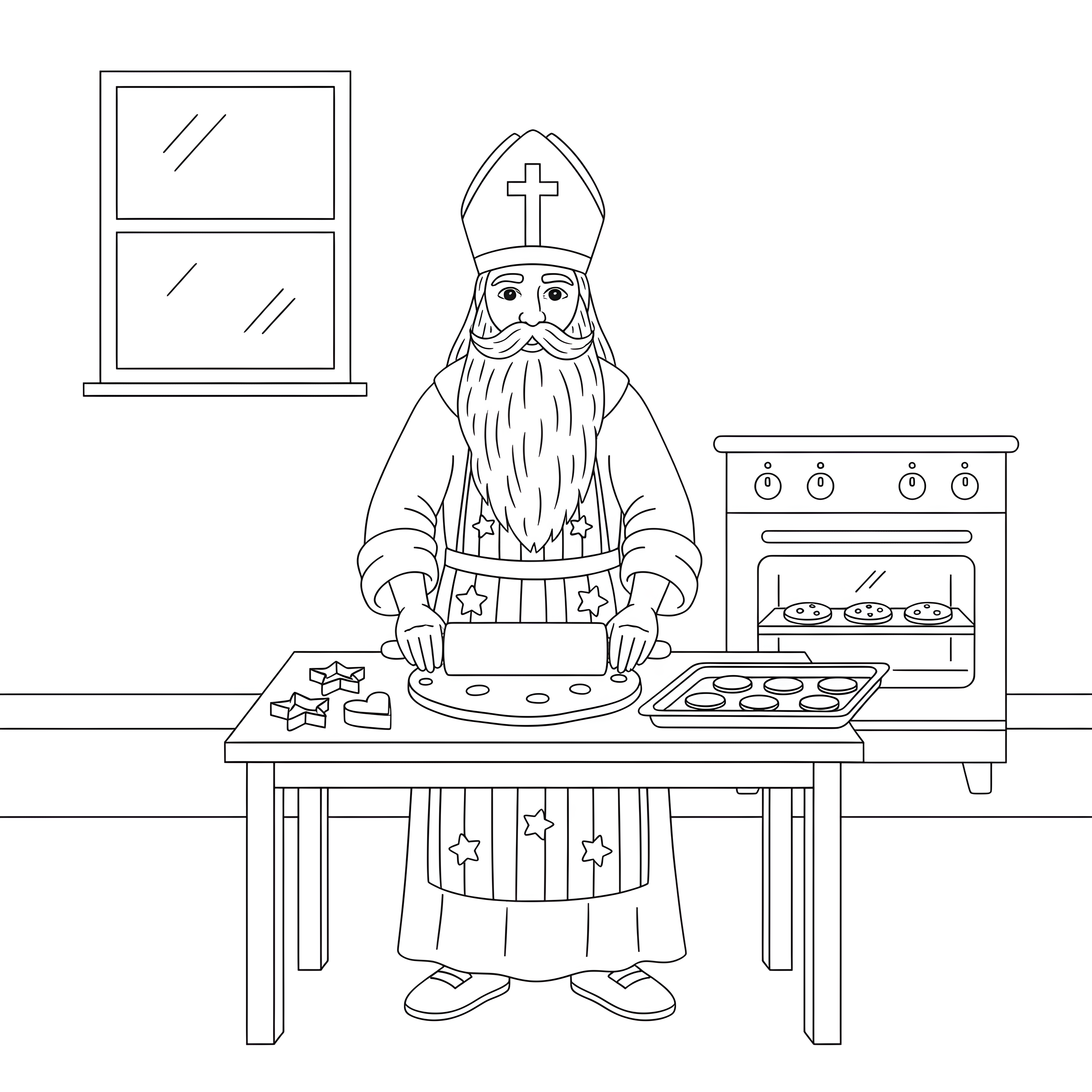 Nikolaus backt Plätzchen in der Küche zum Ausmalen