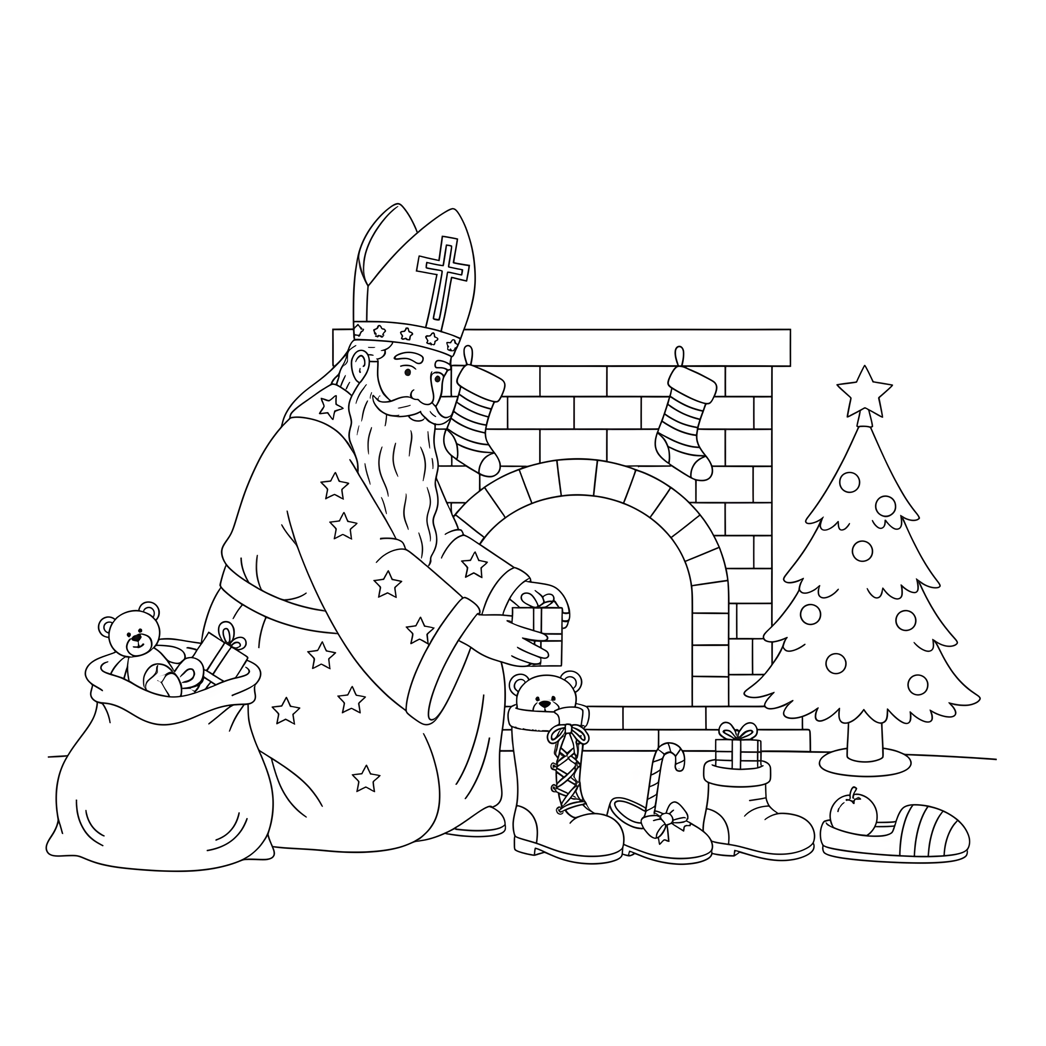 Nikolaus füllt Stiefel mit Geschenken zum Ausmalen