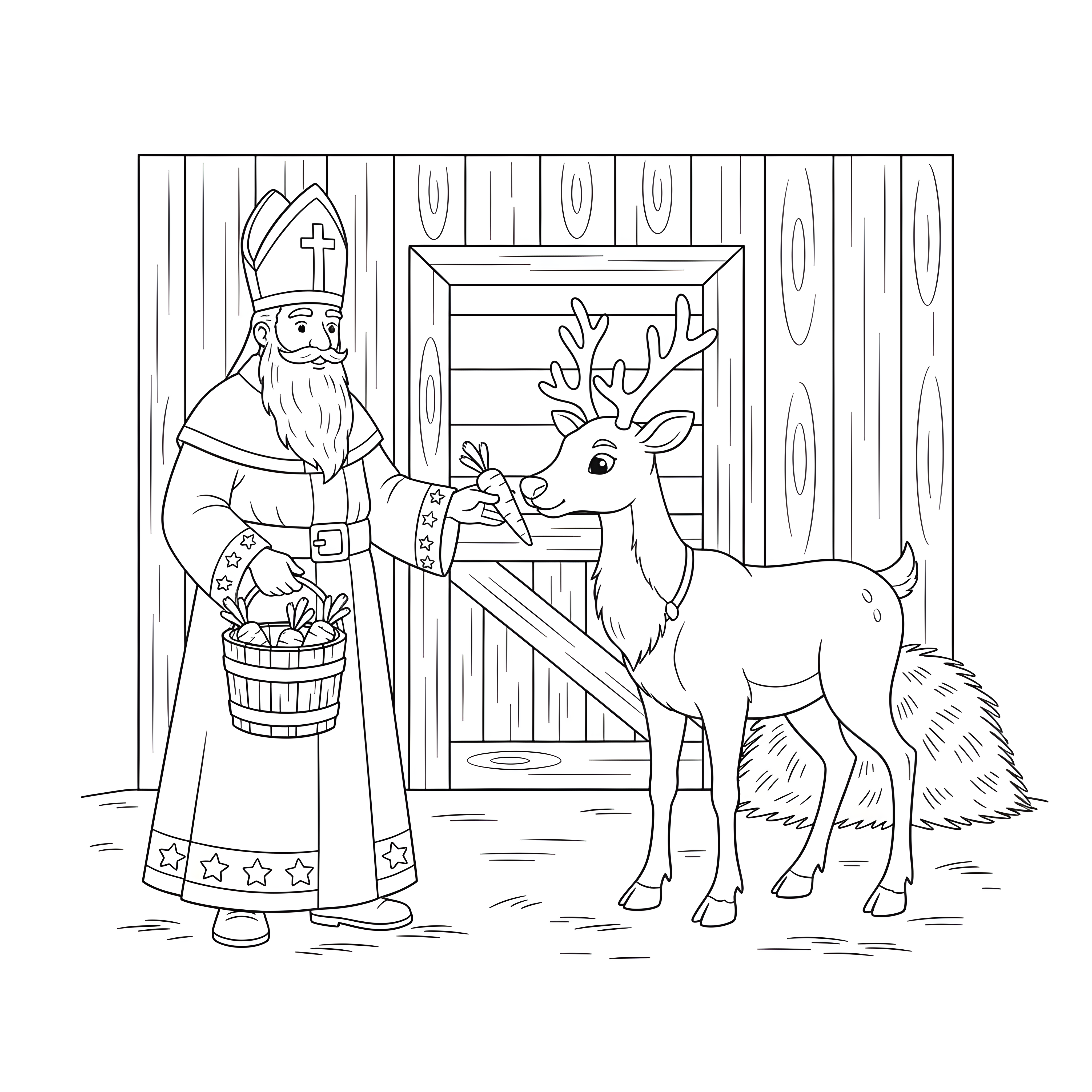 Nikolaus füttert Rentier mit Karotten im Stall