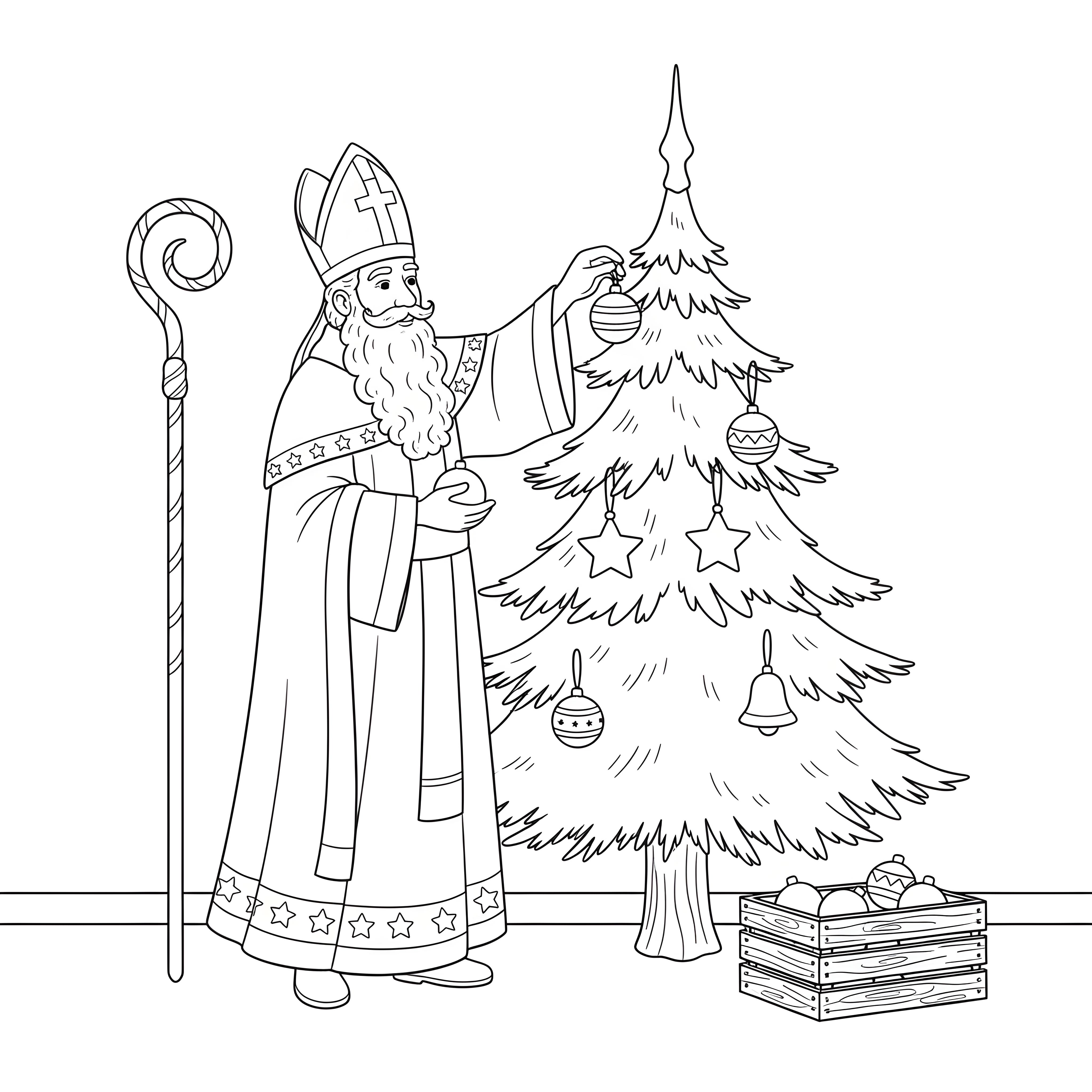 Nikolaus schmückt Weihnachtsbaum mit Kugeln und Stern