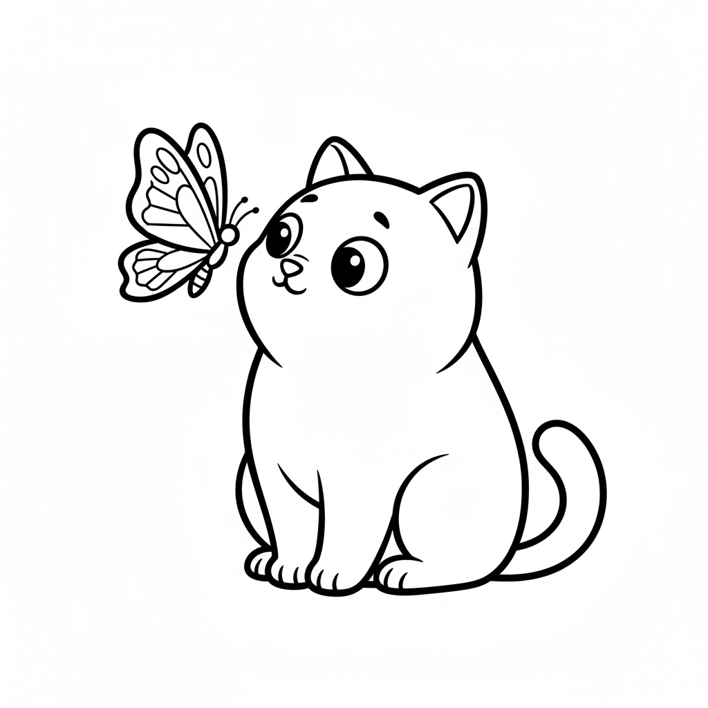 Sitzende Katze und Schmetterling Ausmalbild