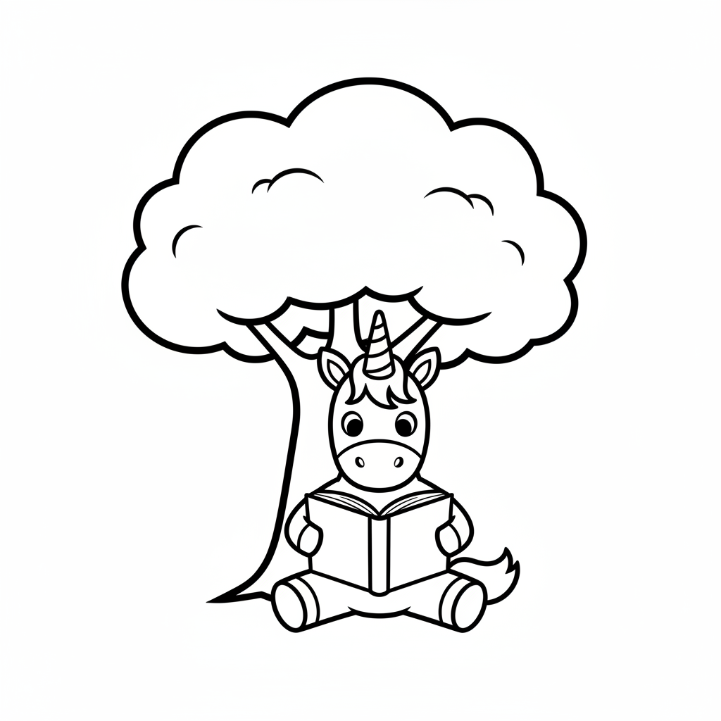 Ausmalbild sitzendes Einhorn unter Baum