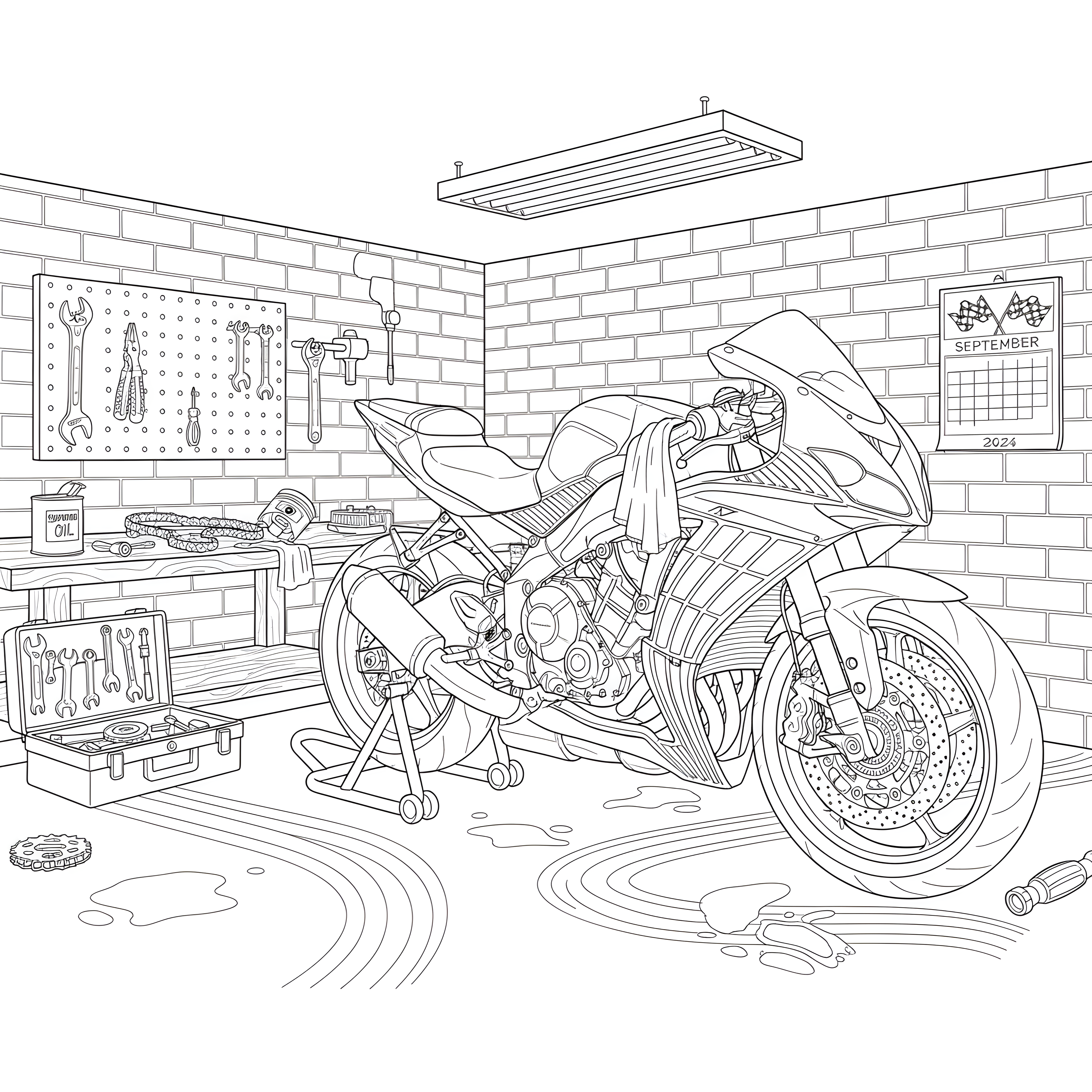 Sportmotorrad in Werkstatt mit detaillierten Werkzeugen