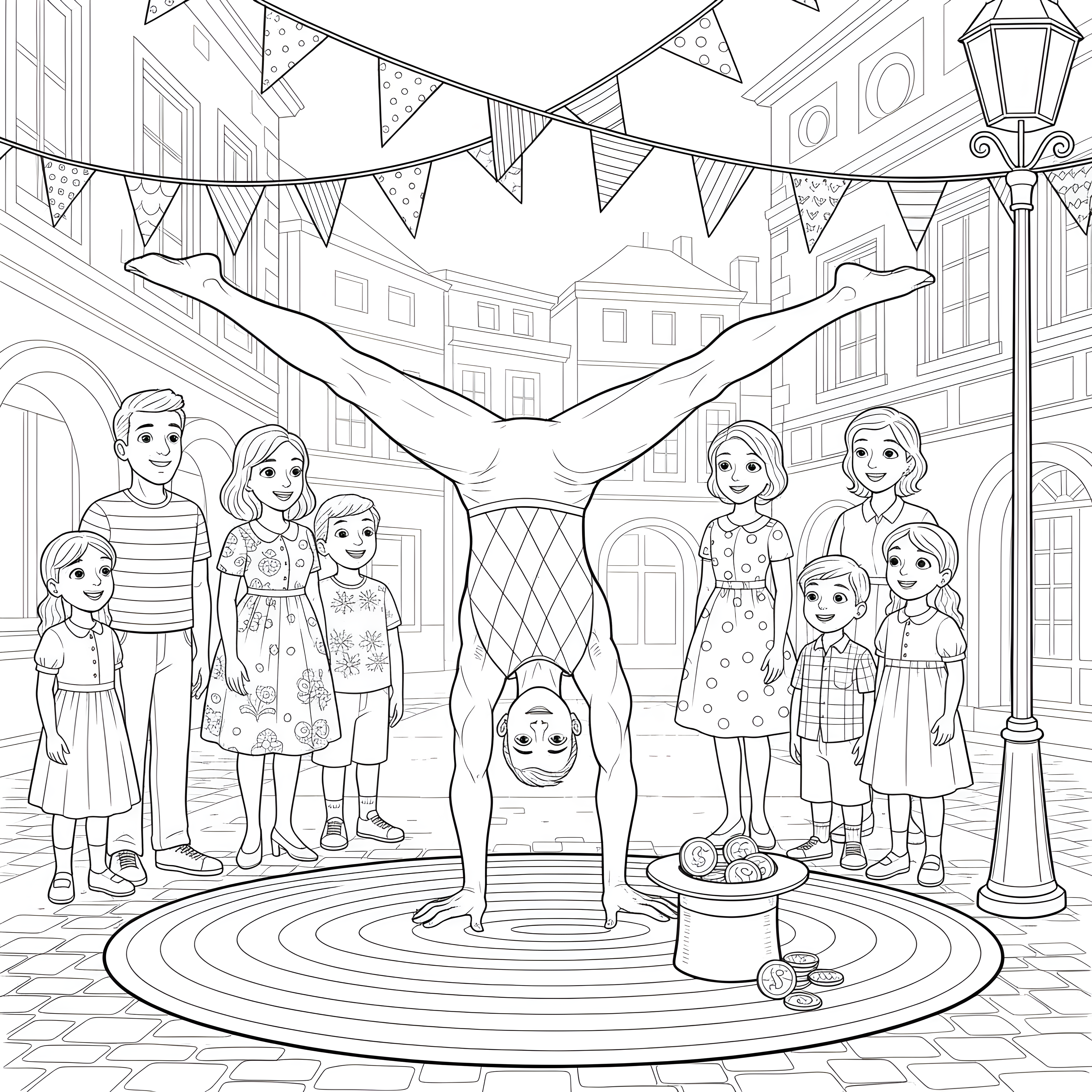 Straßenkünstler mit Akrobatik beim Karneval zum Ausmalen