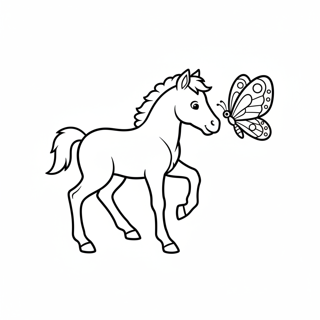 Ausmalbild süßes Fohlen mit Schmetterling
