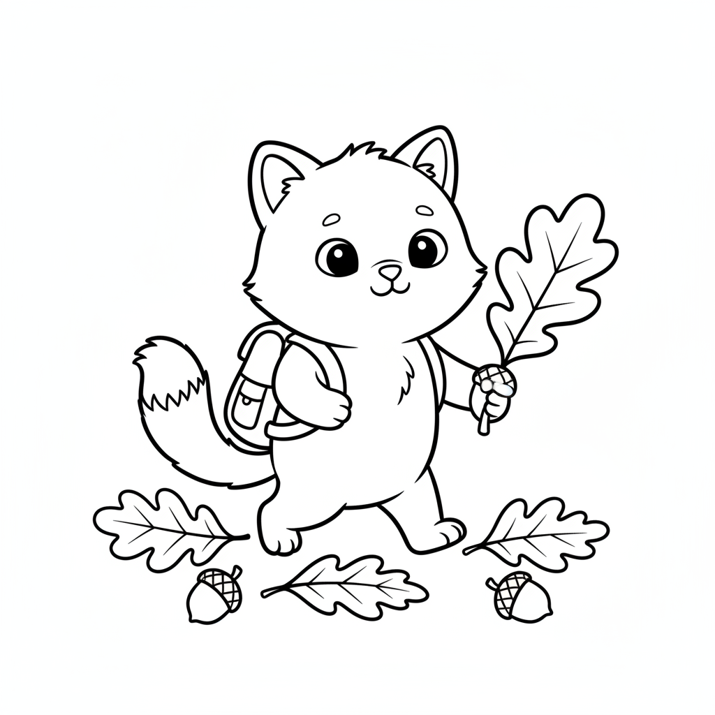 Kleine Katze mit Eichenlaub - Ausmalbild