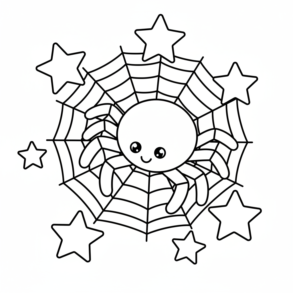 Ausmalbild süße Spinne im Spinnennetz