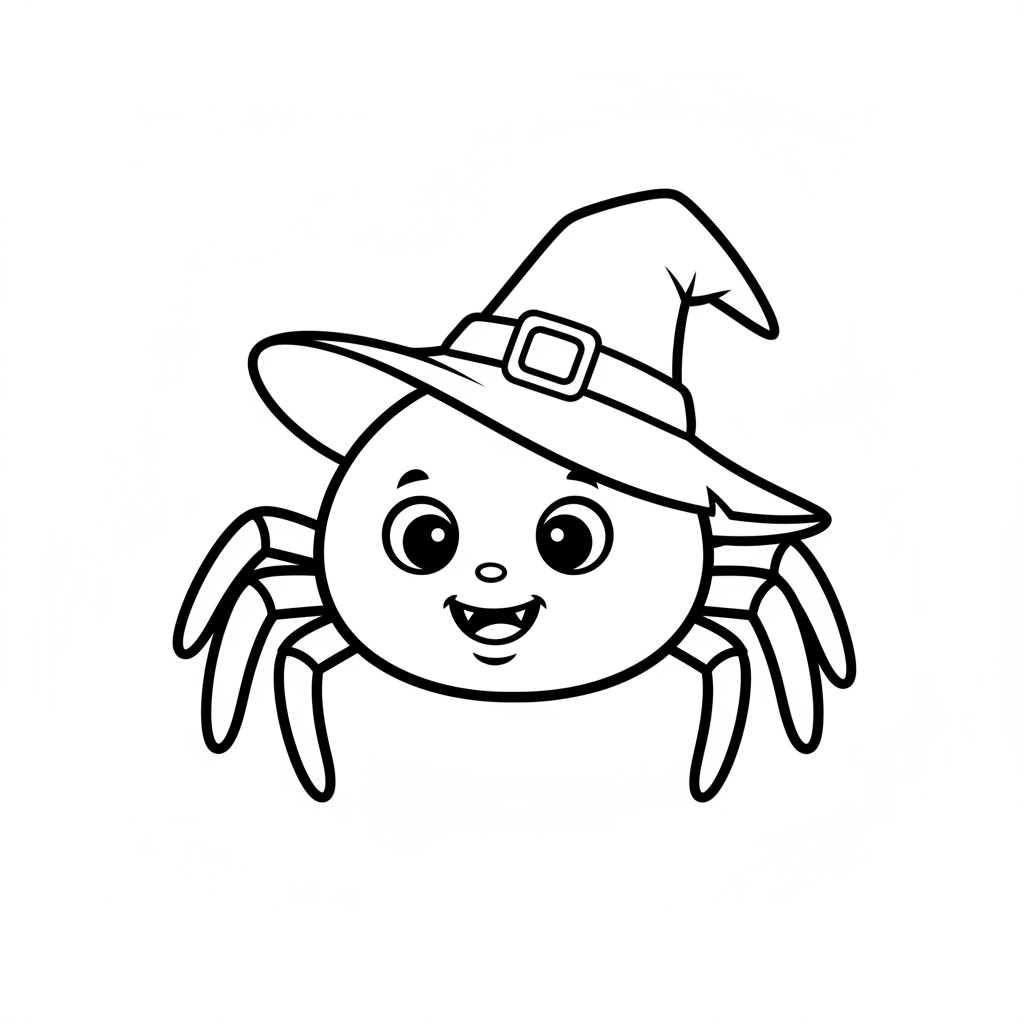Ausmalbild süße Spinne mit Hexenhut
