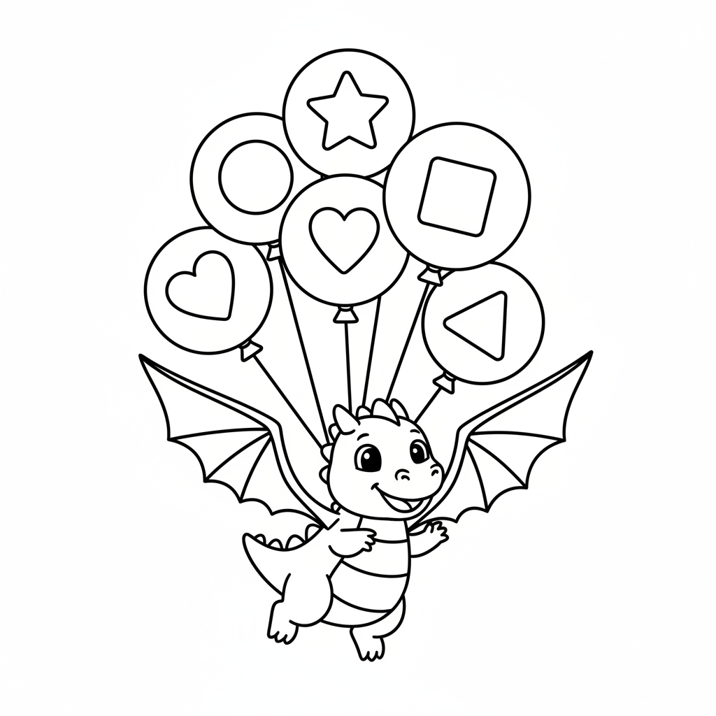 Ausmalbild süßer Baby-Drache mit Luftballons