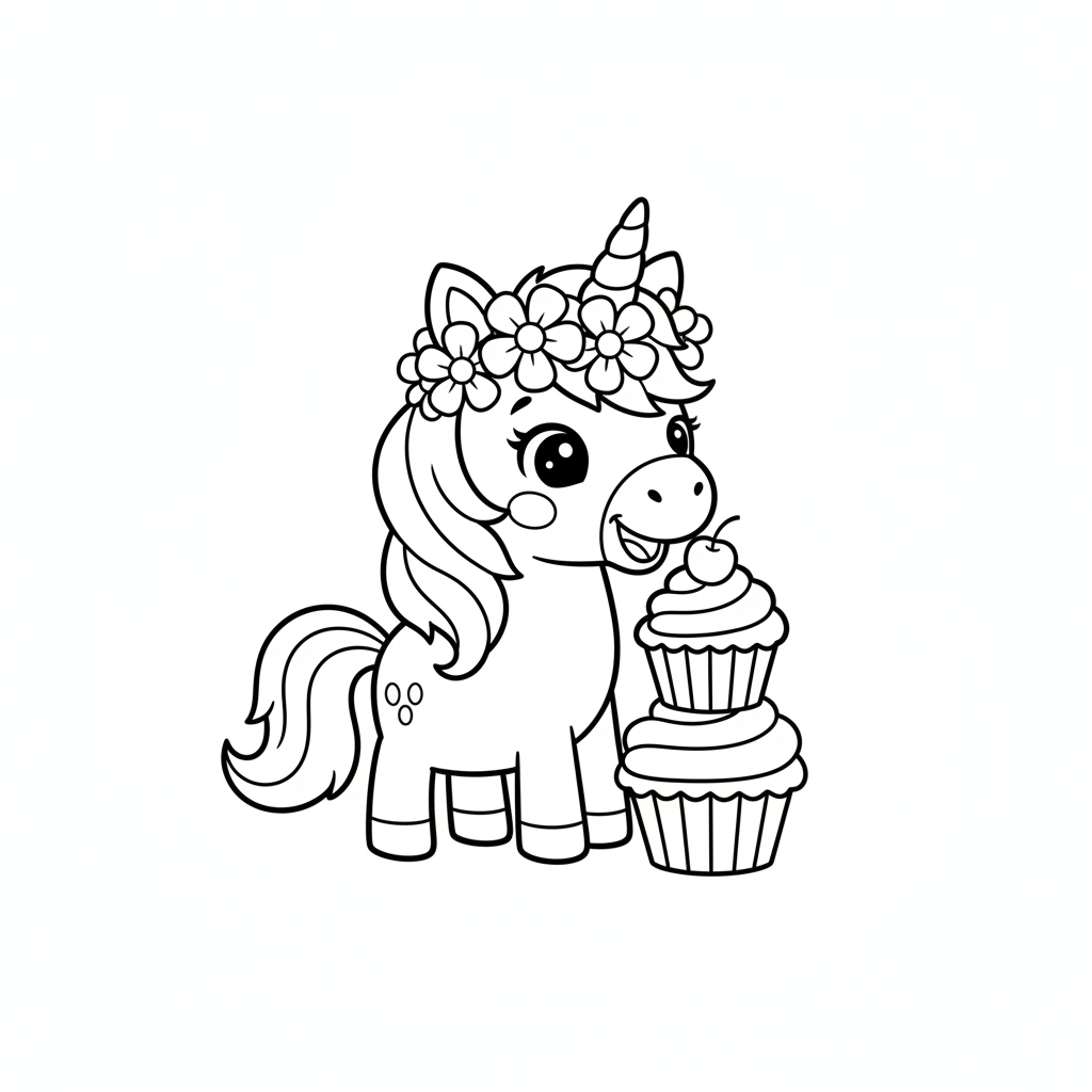 Ausmalbild süßes Einhorn mit Cupcakes
