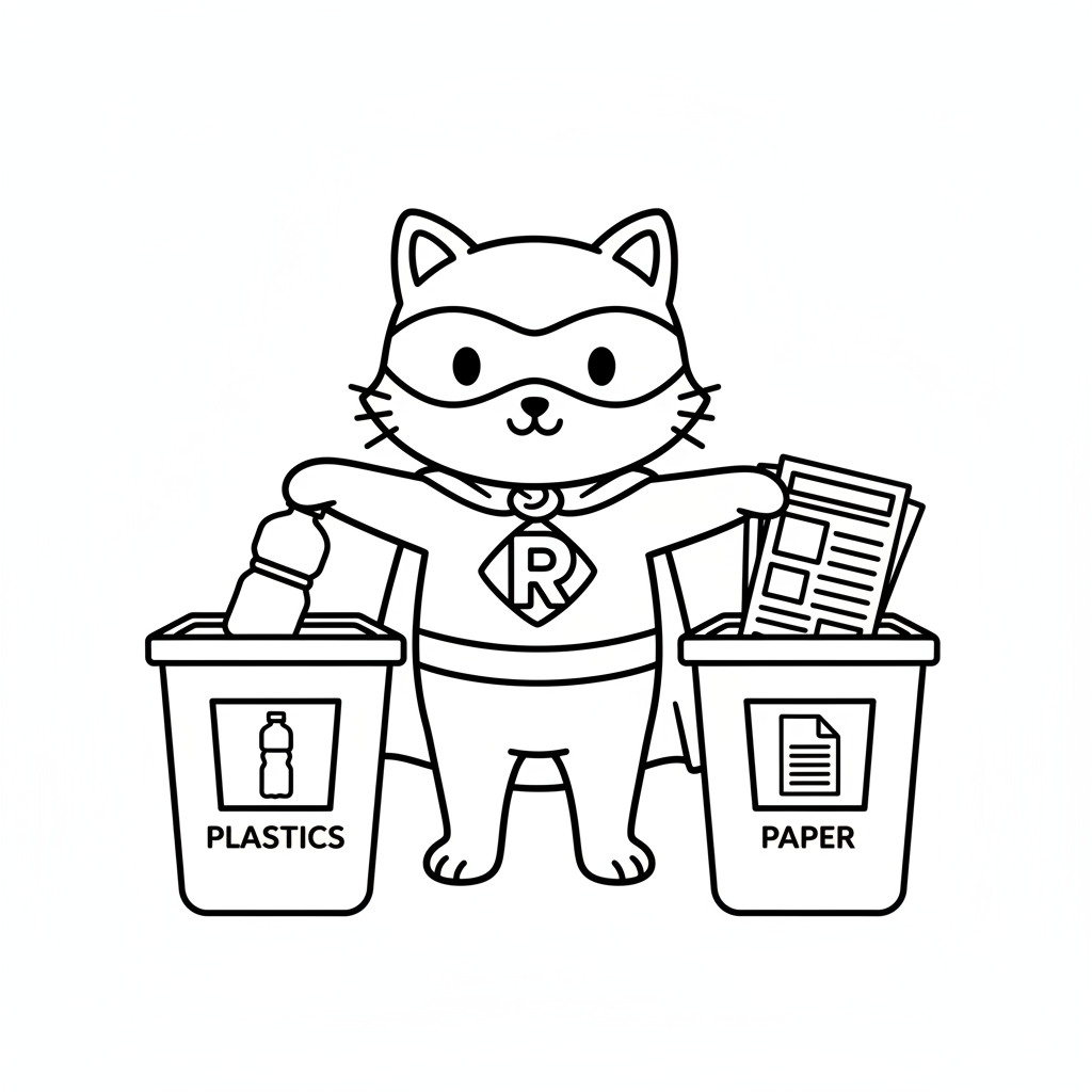 Superkatze recycelt – Ausmalbild für Kinder