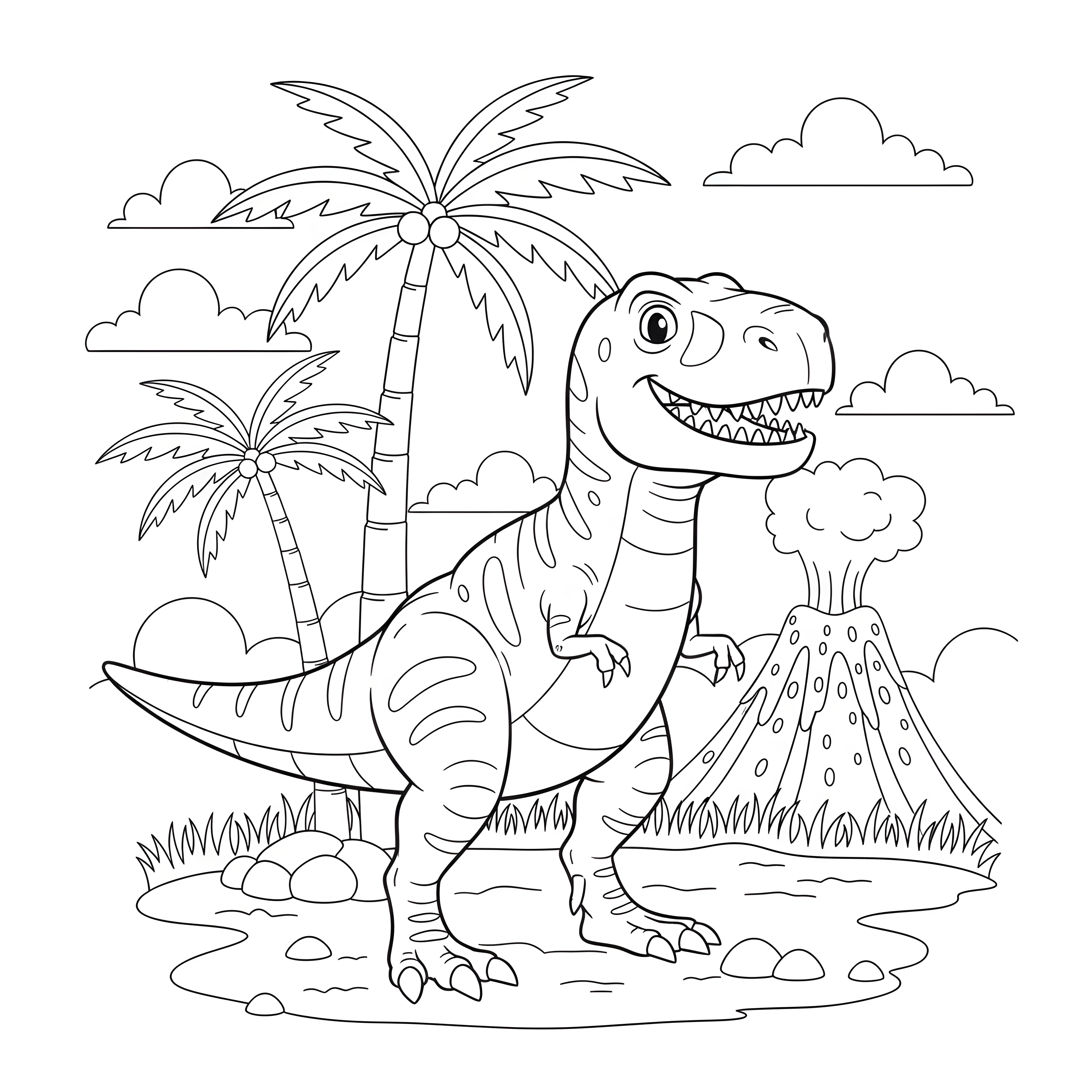 T-Rex auf Felsen mit Palmen und Vulkan zum Ausmalen
