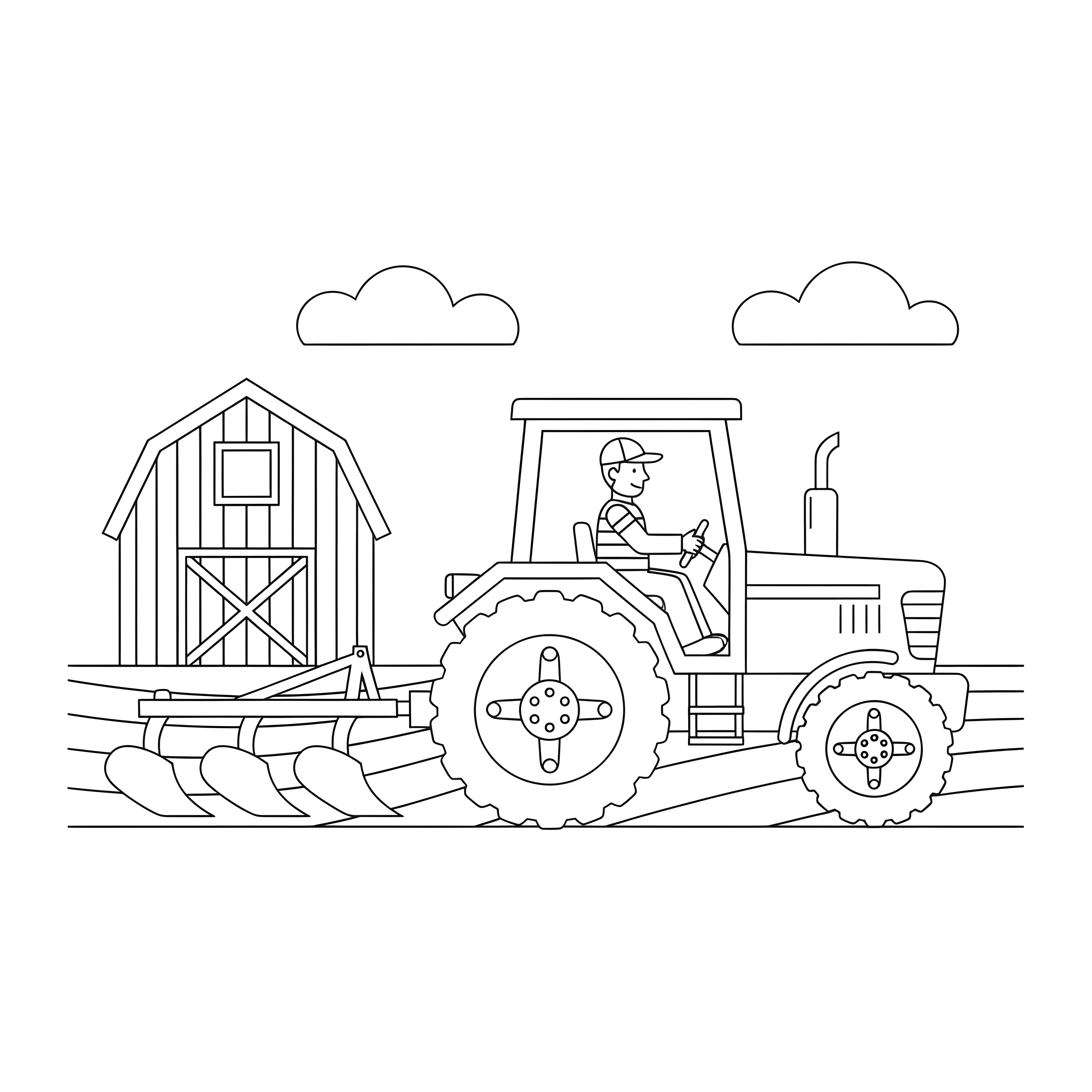 Traktor bei der Feldarbeit mit Bauer und Pflug