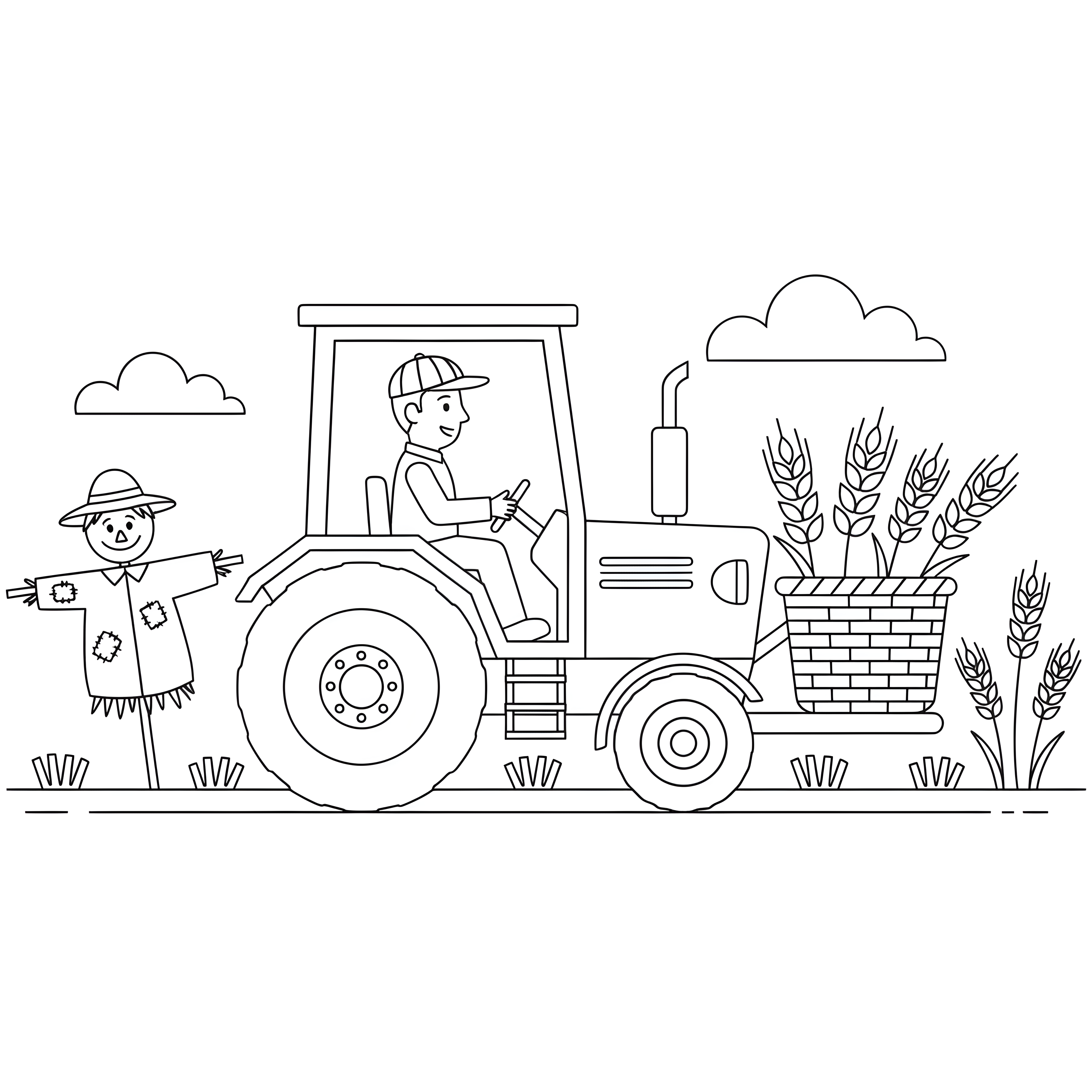 Traktor bei der Weizenernte mit Bauer und Vogelscheuche