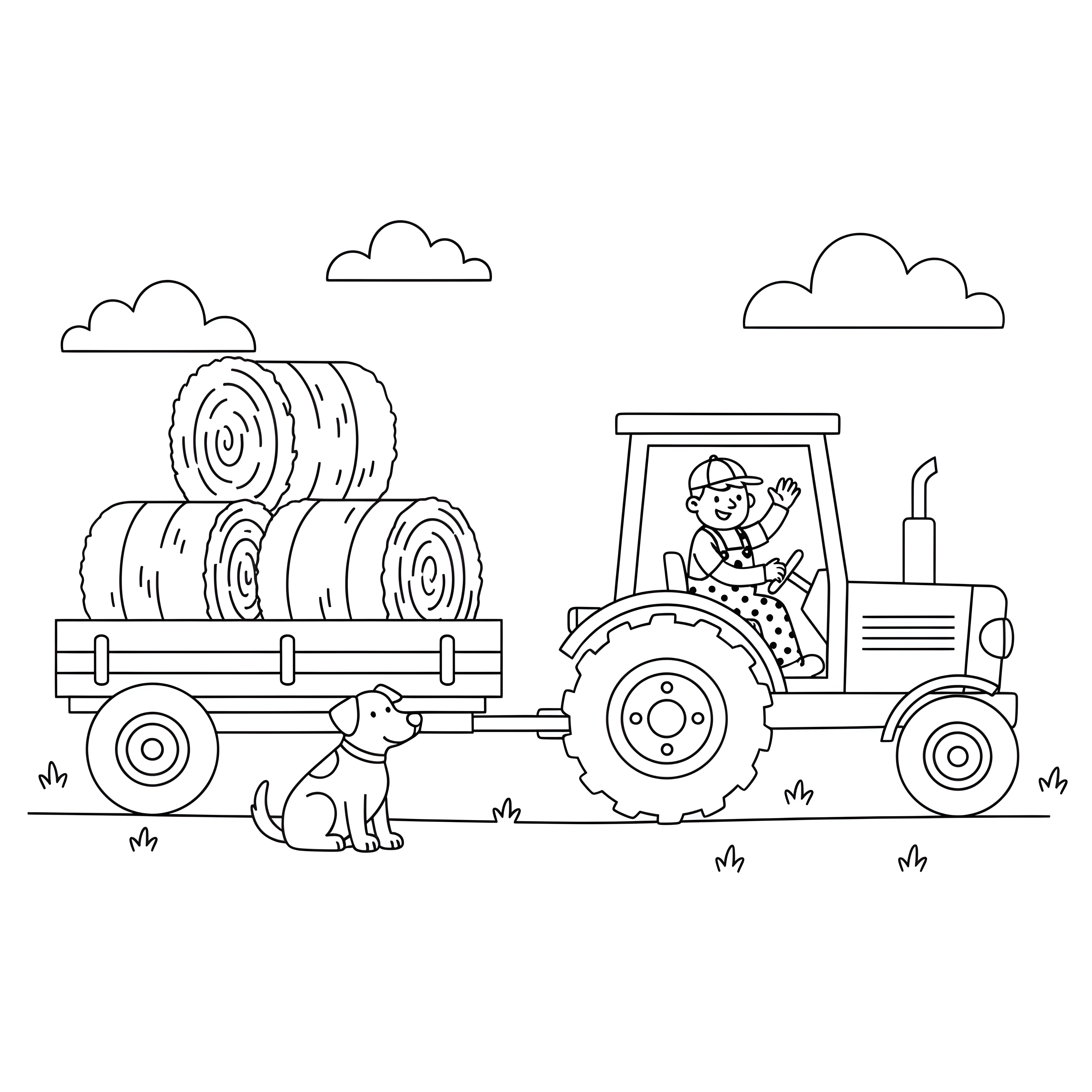Traktor mit Heuanhänger und Bauer zum Ausmalen