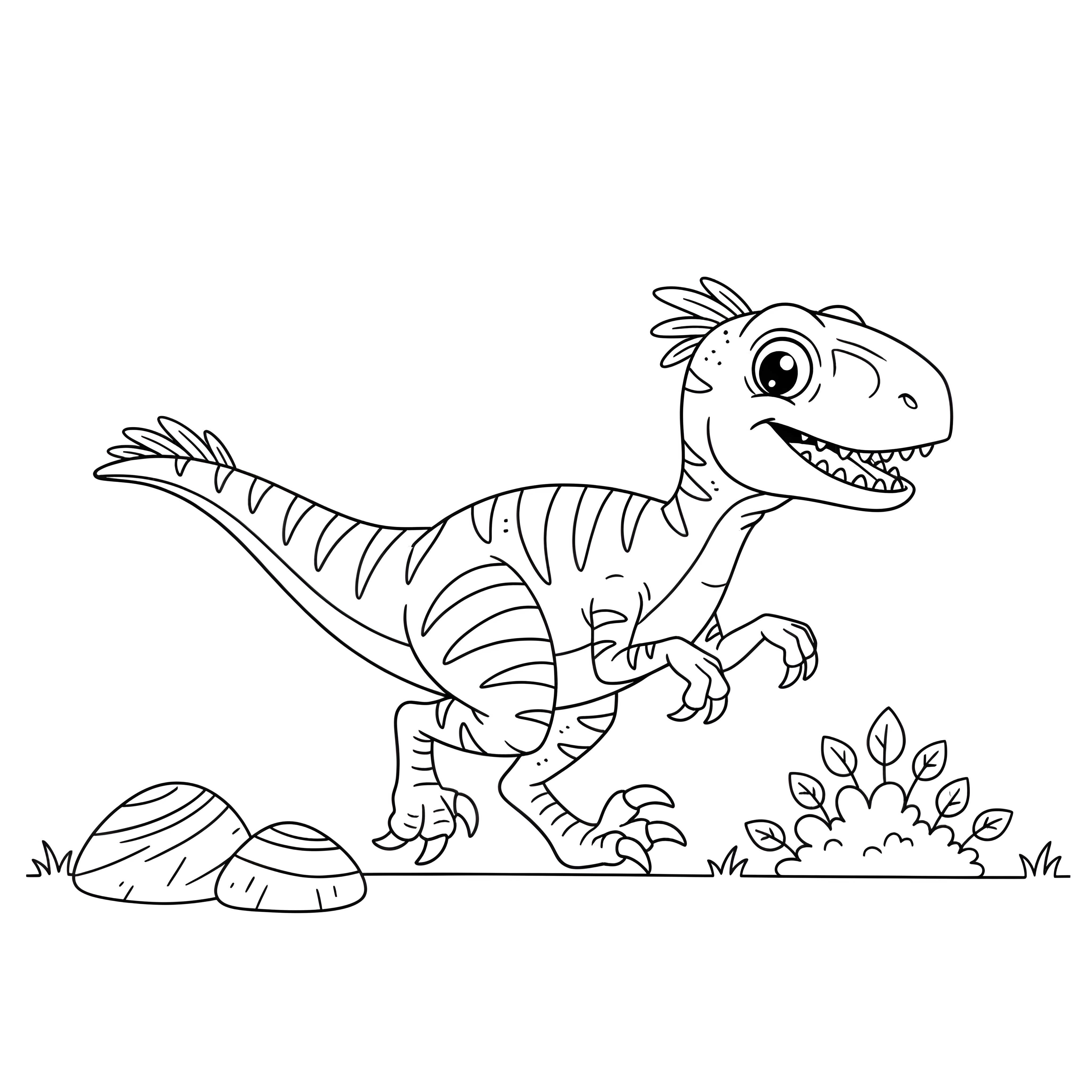 Velociraptor rennt schnell mit Felsen und Busch