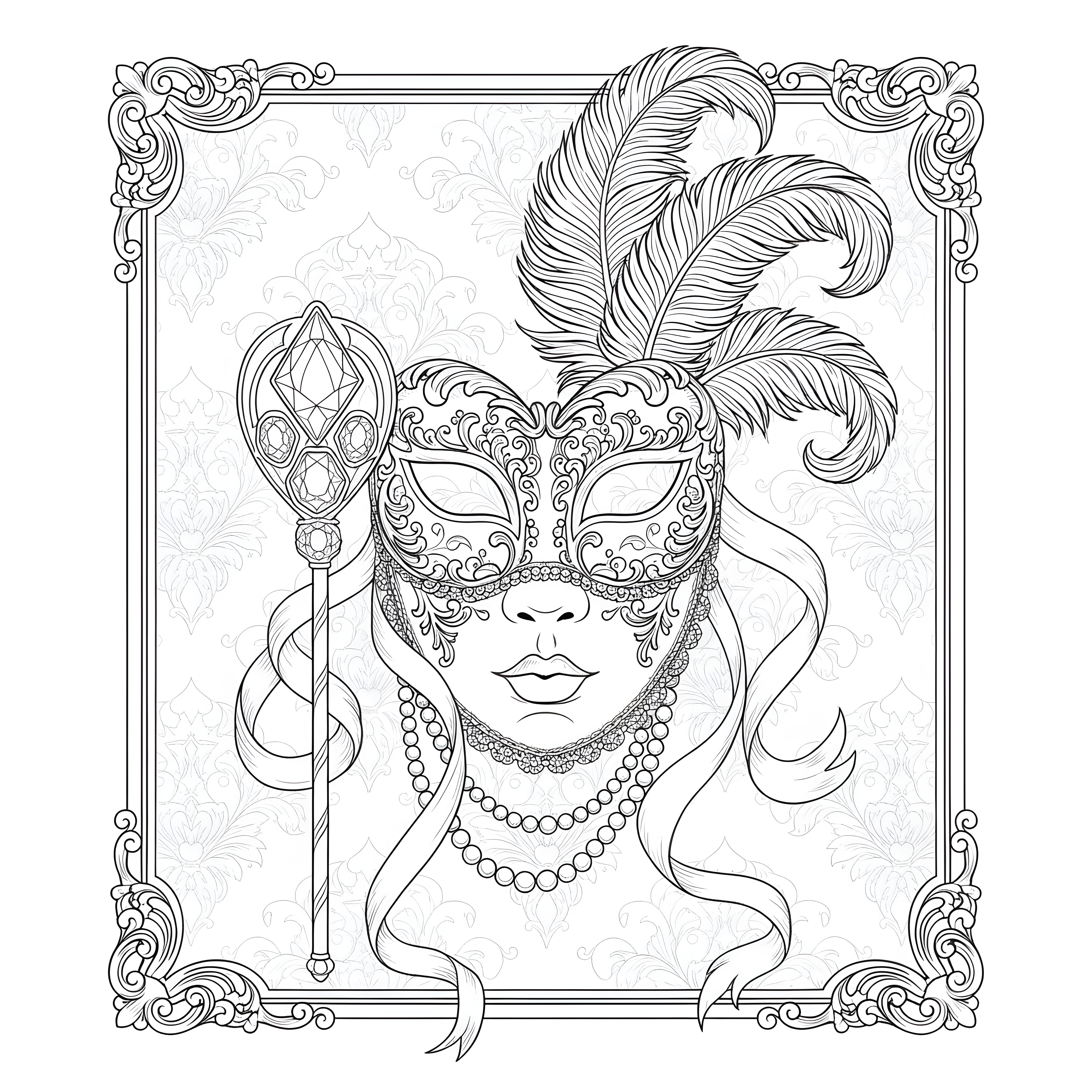 Venezianische Karnevalsmaske mit Federn und Perlen