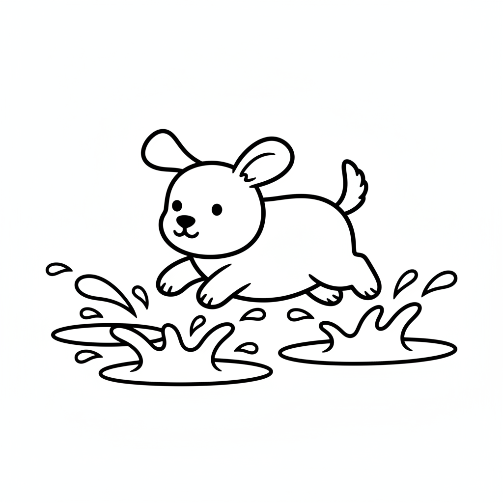 Ausmalbild verspieltes Hundchen mit Wasser