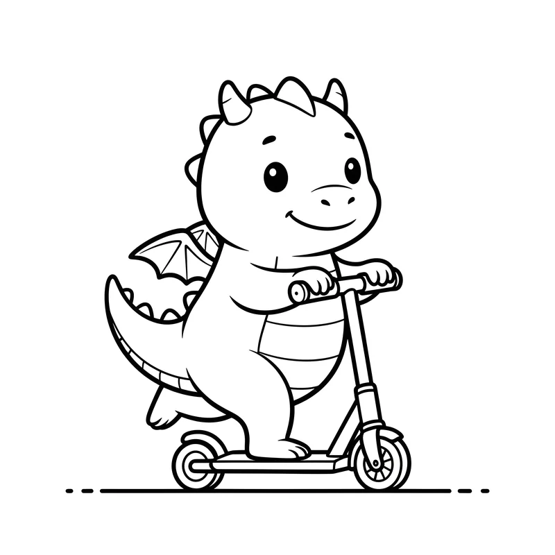 Baby-Drache auf Roller – Süßes Fabelwesen in Aktion zum Ausmalen