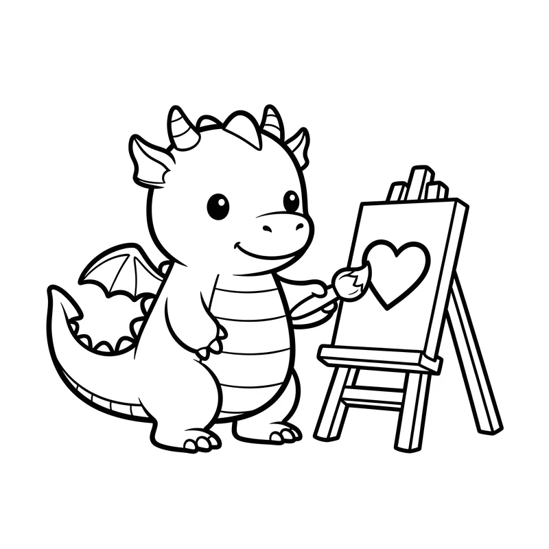 Baby-Drache malt am Künstler-Staffelei zum Ausmalen