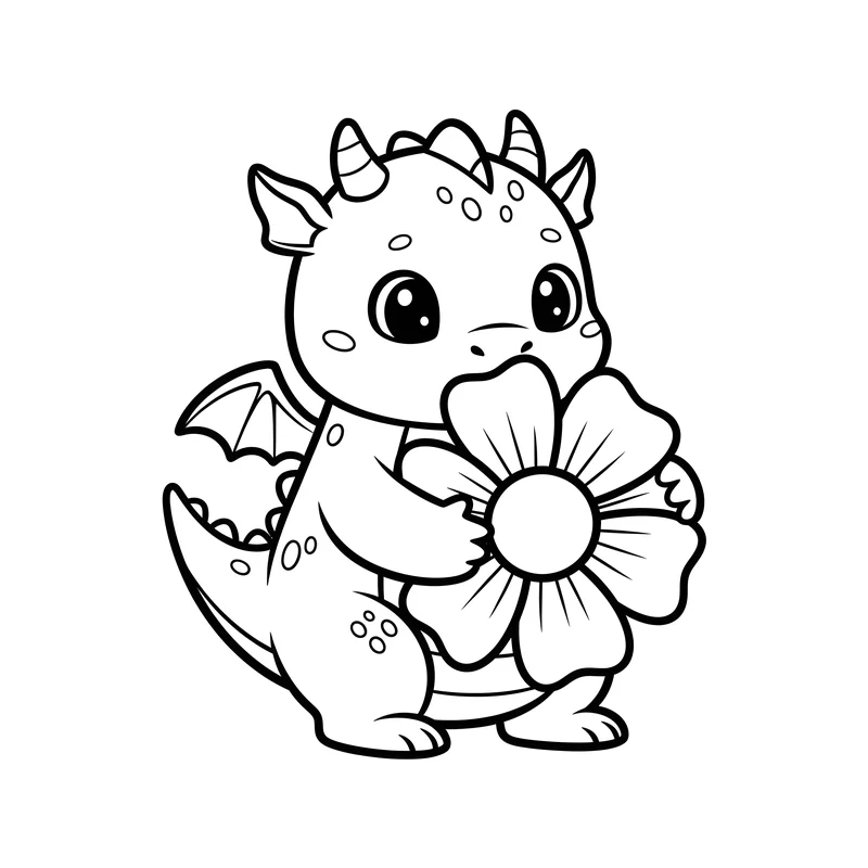 Baby-Drache mit großer Blume zum Ausmalen