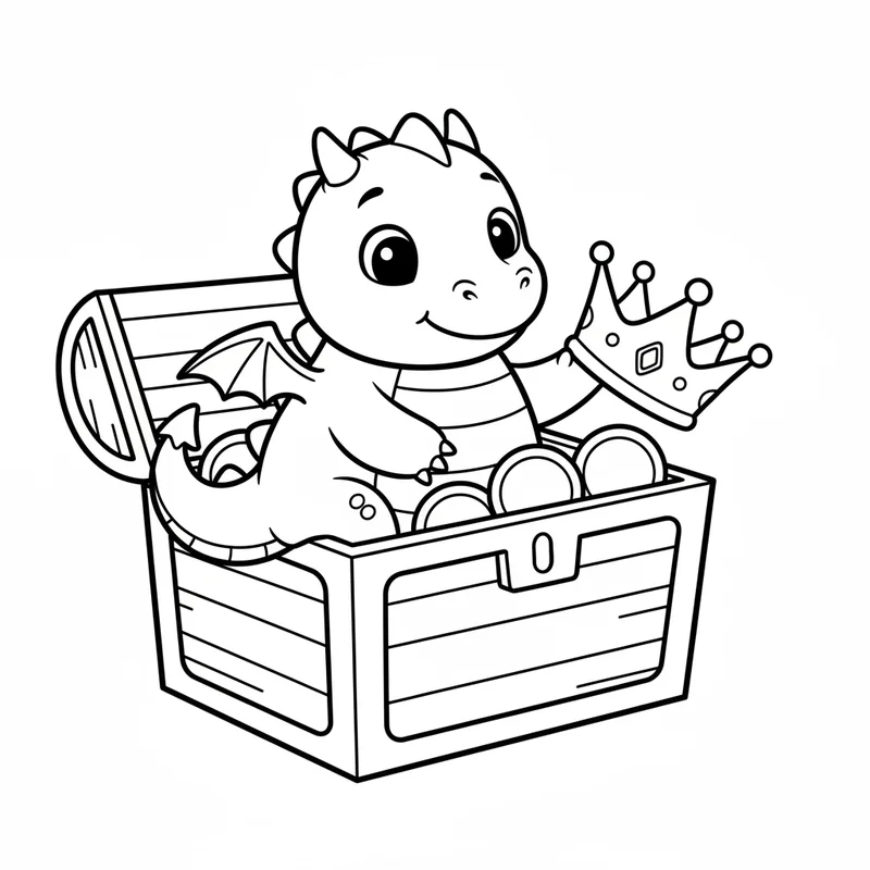 Baby Drache sitzt in offener Schatztruhe zum Ausmalen