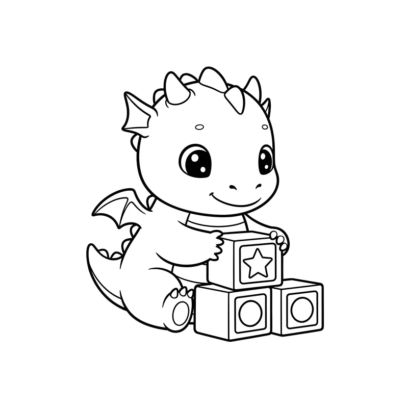 Baby Drache spielt mit Bauklötzen zum Ausmalen