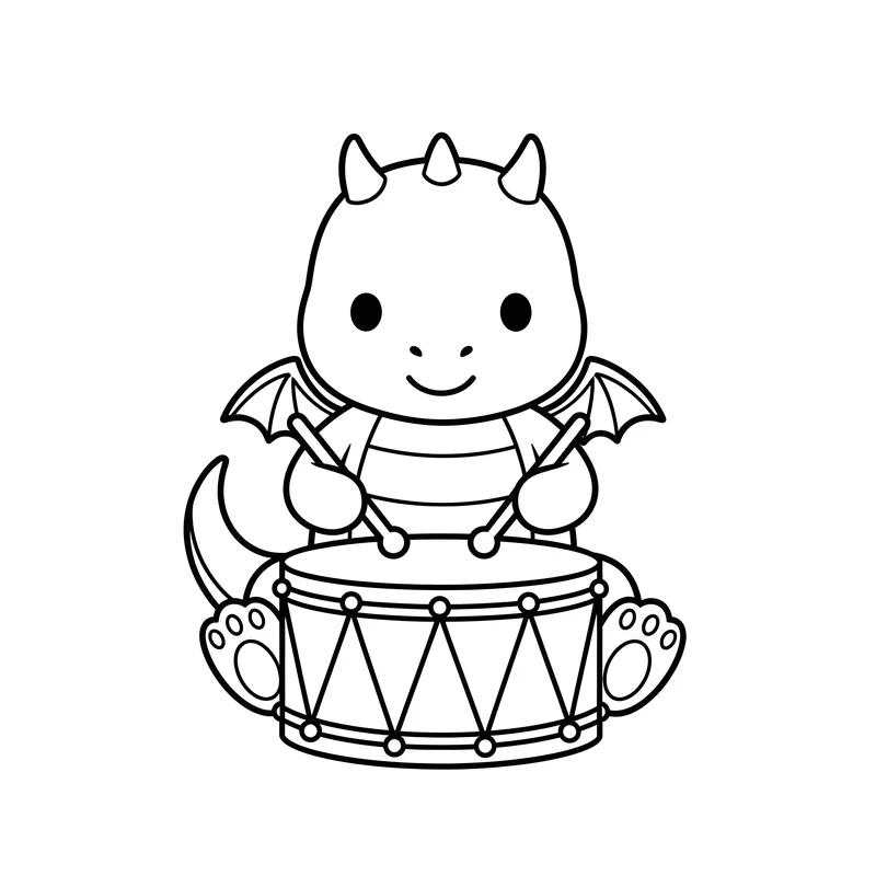 Baby-Drache spielt Trommel zum Ausmalen
