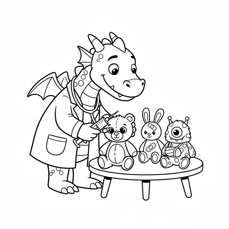 Drache-Arzt mit Stofftieren zum Ausmalen