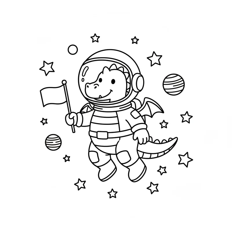 Drache-Astronaut im Weltraum zum Ausmalen