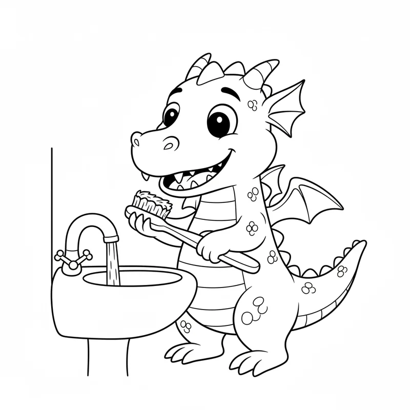 Drache beim Zähneputzen zum Ausmalen