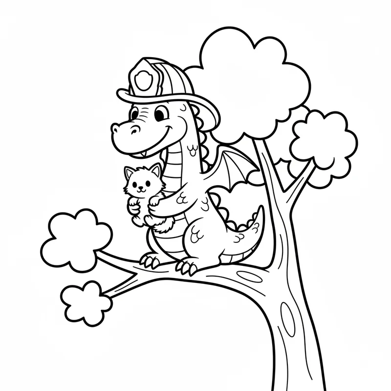 Drache mit Feuerwehrhelm und Kätzchen zum Ausmalen