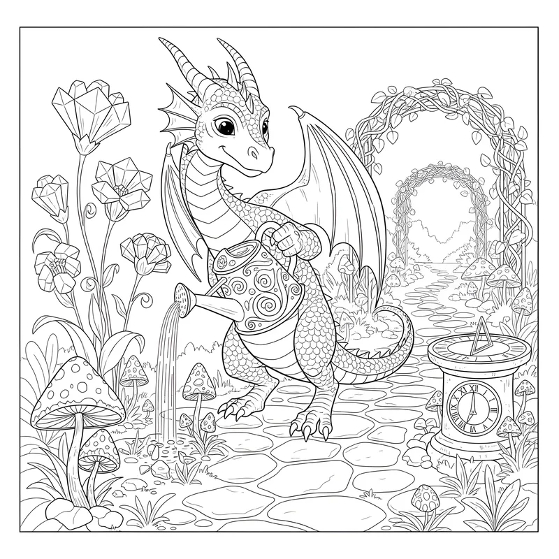 Drache pflegt magischen Kristallblumen-Garten zum Ausmalen