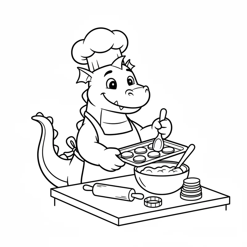 Freundlicher Drache als Bäcker zum Ausmalen