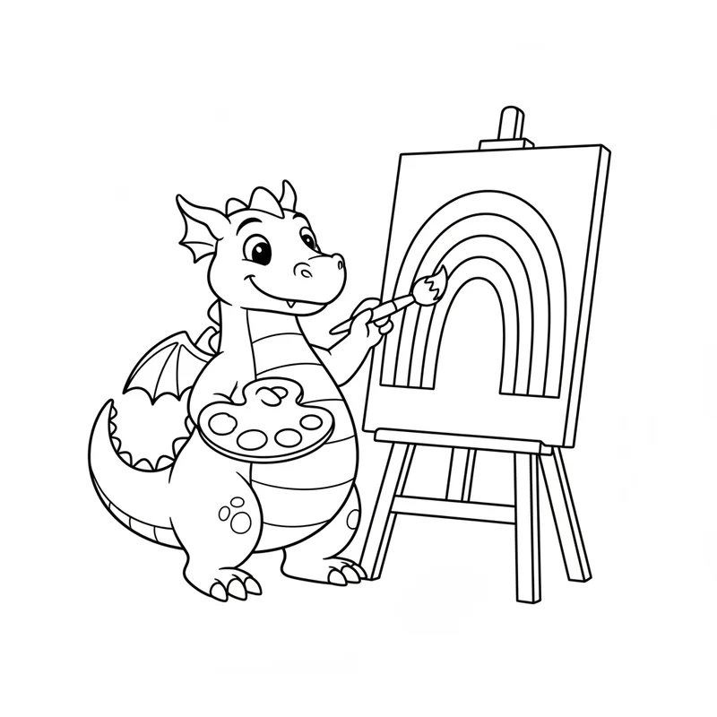 Freundlicher Drache malt Regenbogen zum Ausmalen