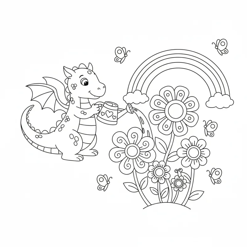 Netter Drache gießt Blumen unter dem Regenbogen zum Ausmalen